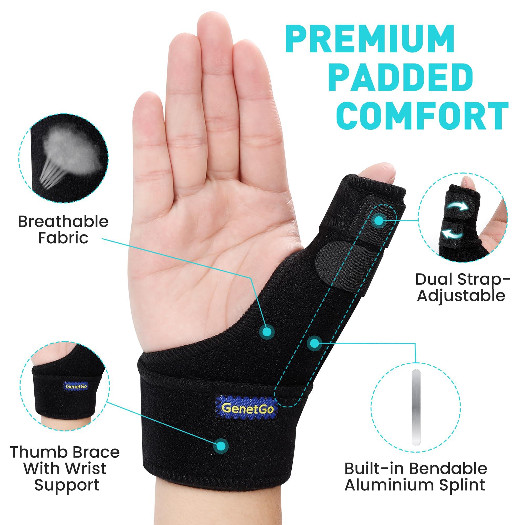 GenetGo Trigger Thumb Splint - Thumb Spica Support Brace Stabilizer for Pain, Sprains, Arthritis, Tendonitis (Right Hand or Left Hand) (Black)