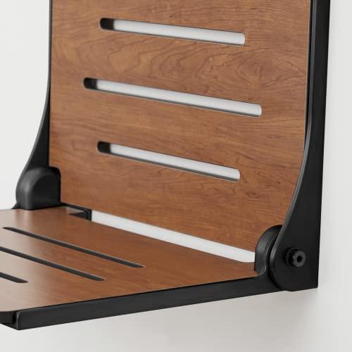Seachrome Seachrome Silhouette Folding Wall Mount Shower Bench Seat, Rustic Teak Seat with Matte Black Frame (SHAF-185155-PRTS-S-MB)