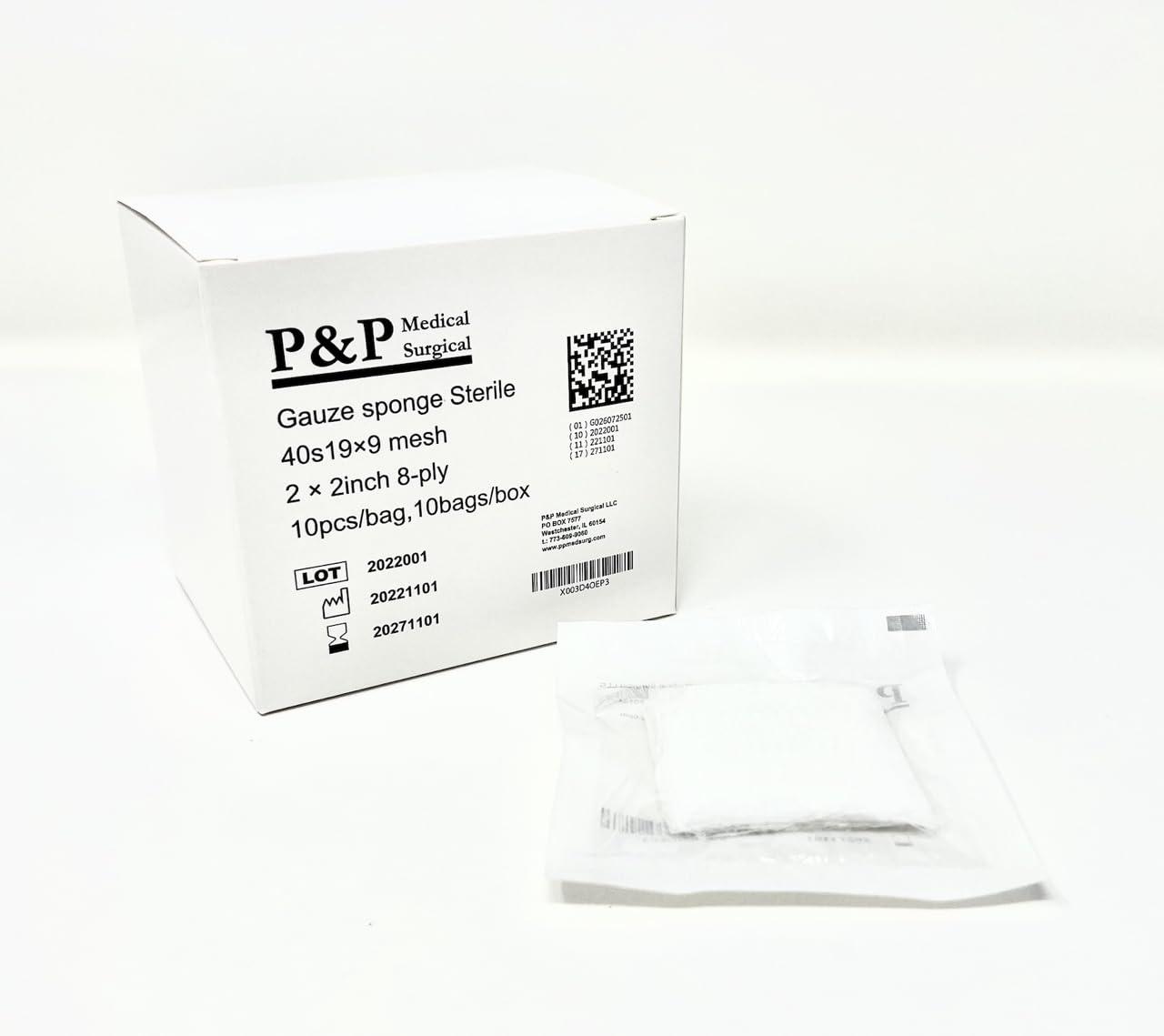 P&P Medical Surgical Gauze Surgical Sponges Cotton STERILE Woven 8-ply High Grade Quality 2\"x2\" Class I(a) All Purpose Pads Box of 100