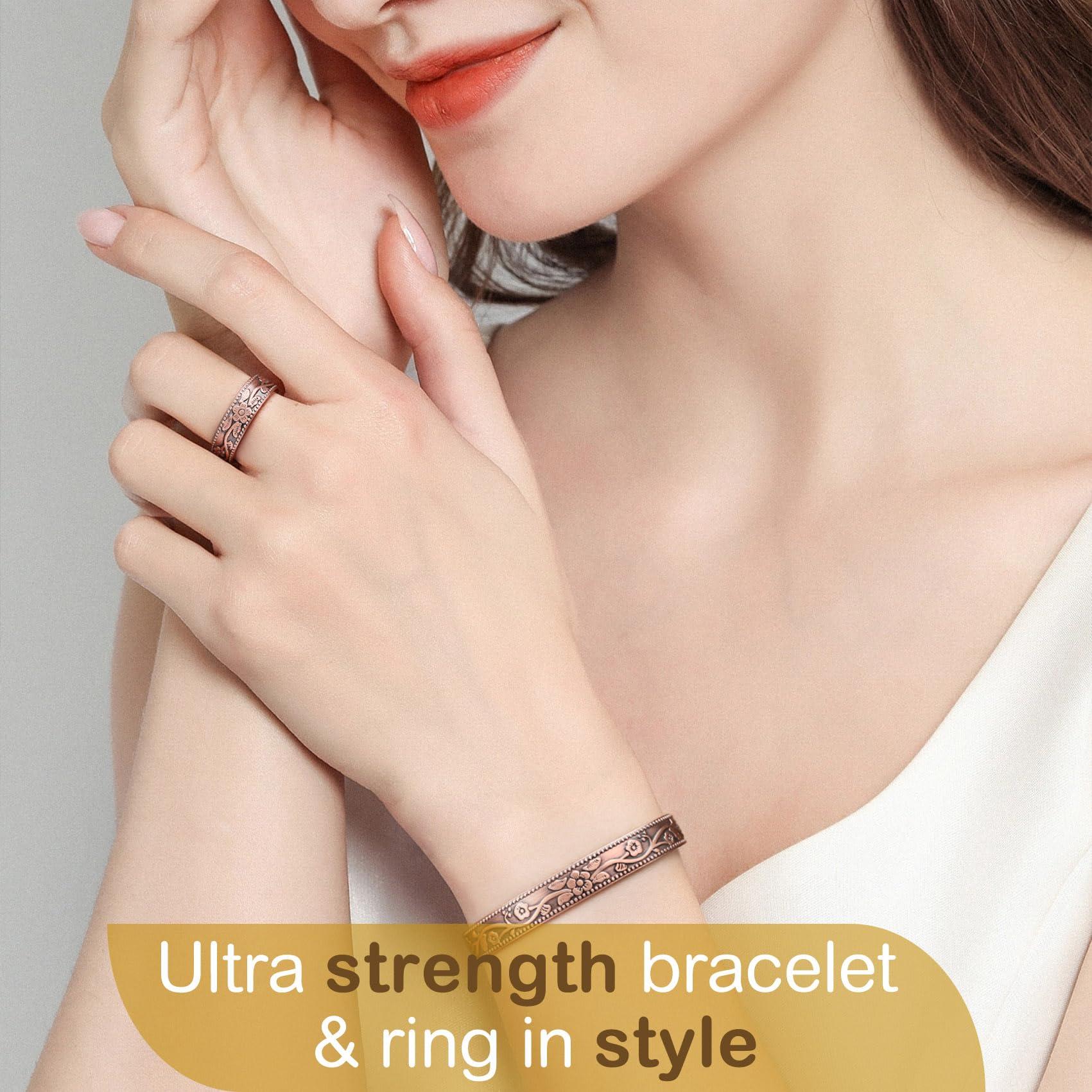 Feraco Feraco Copper Bracelet & Lymphatic Drainage Rings for Women, Vintage Flower Copper Magnetic Cuff Bangle, 99.99% Pure Copper with Neodymium Magnets, Adjustable with Gift Box