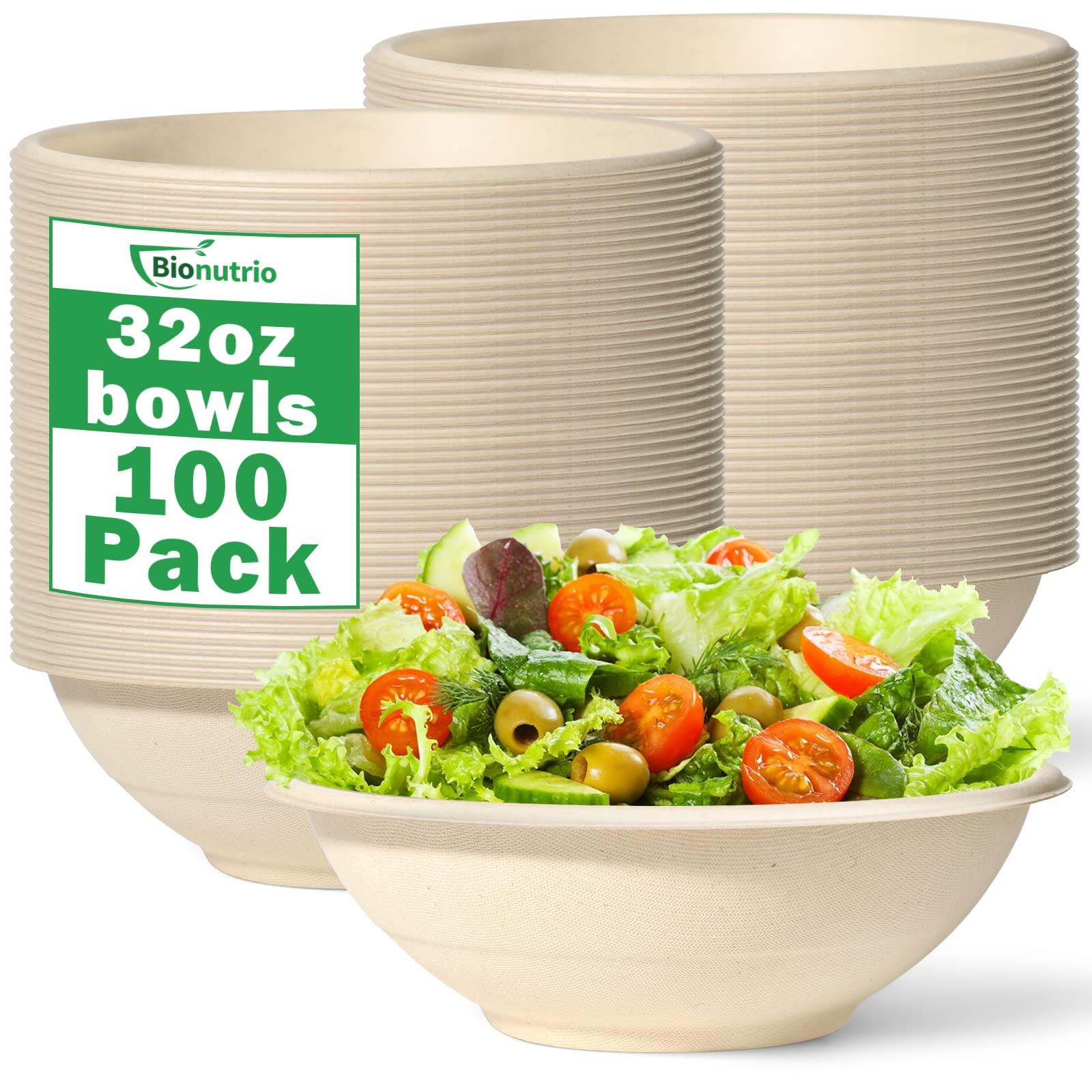 Bionutrio 32oz Bowls Disposable Heavy Duty, Compostable Paper Bowls, Large Disposable Bowls 100 Pack, Deep Paper Soup Bowls For Hot And Cold Food, Biodegradable Bowls Made of Sugarcane for Salad Cereal Snacks