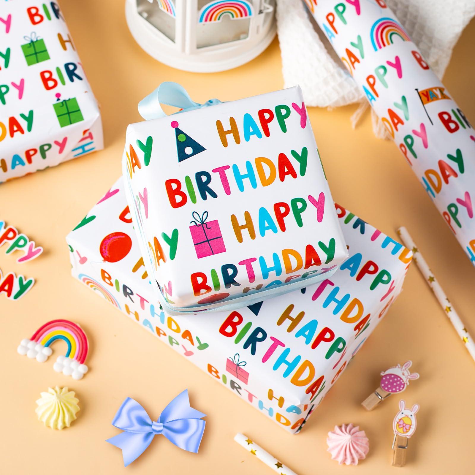 MAYPLUSS MAYPLUSS Birthday Mini Wrapping Paper Roll-46.8sqft. White with Colorful Happy Birthday Lettering, Gift Box for Birthday, Baby Shower, Party-17in x 33ft