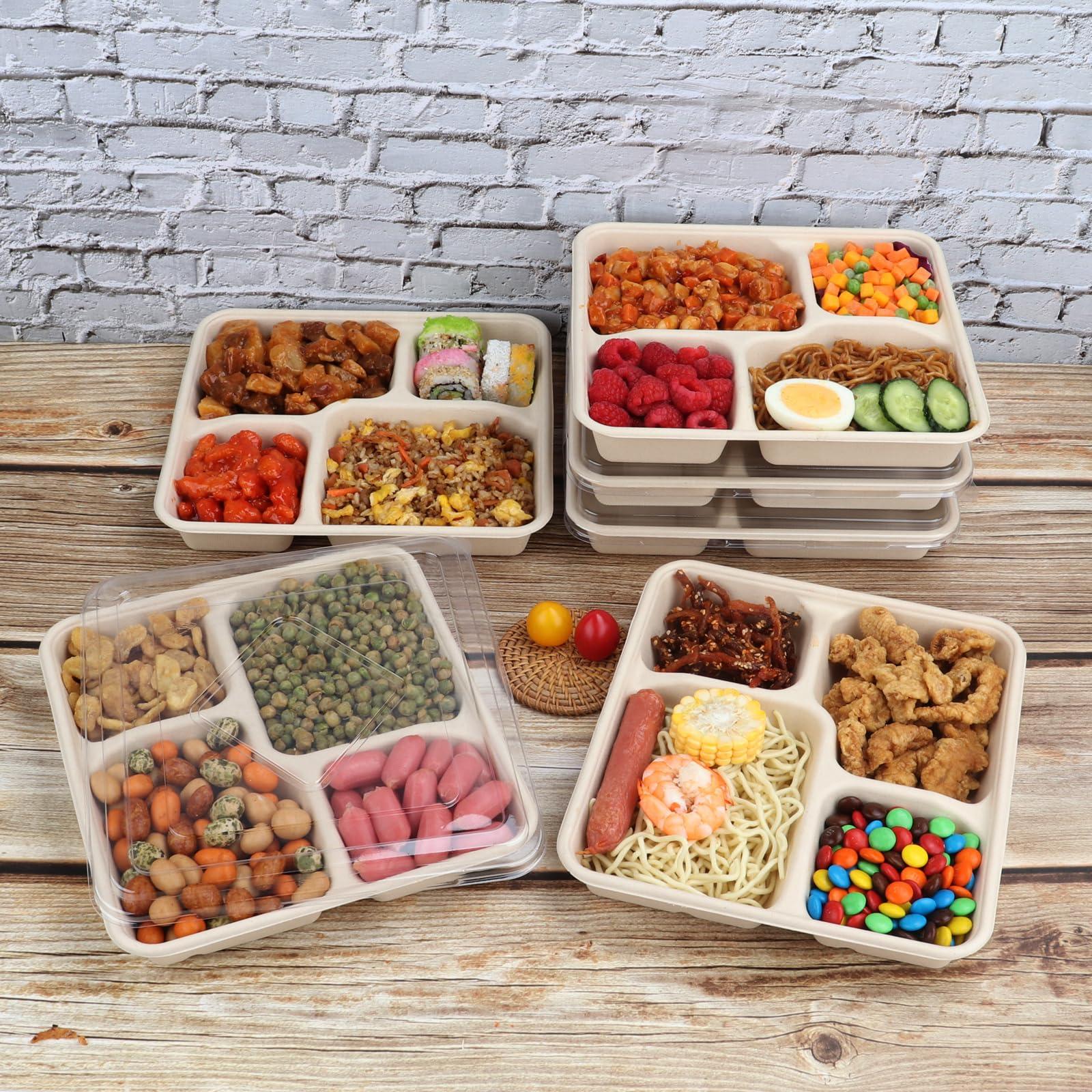 JAYEEY JAYEEY 37 OZ Sugarcane Fiber 4 Compartments disposable plates with Lids Bagasse Plant Fibers Freezer Safe 25 PACK