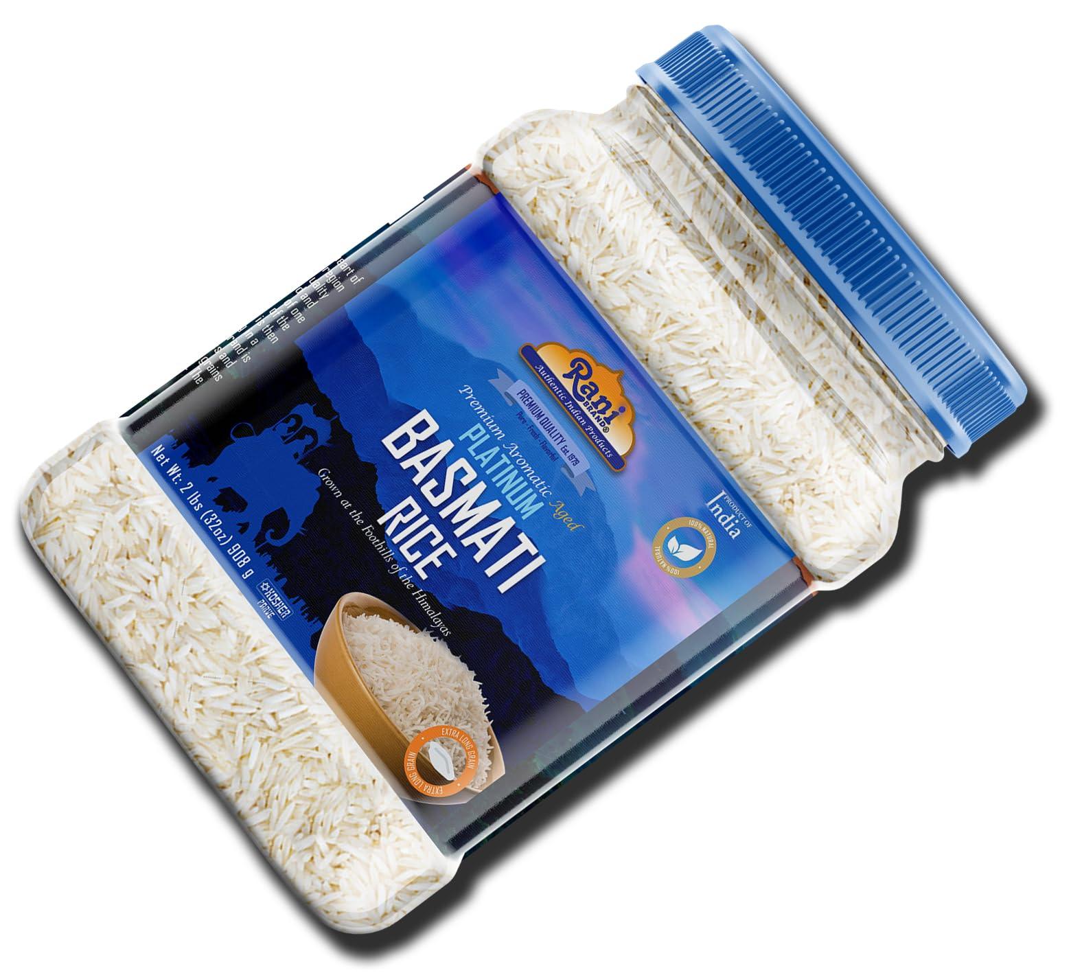 Rani Brand Authentic Indian Products Rani Platinum White Basmati Rice Extra Long Aged 32oz (2lbs) 908g PET Jar ~ All Natural | Gluten Friendly | Vegan | Indian Origin | Kosher | Export Quality