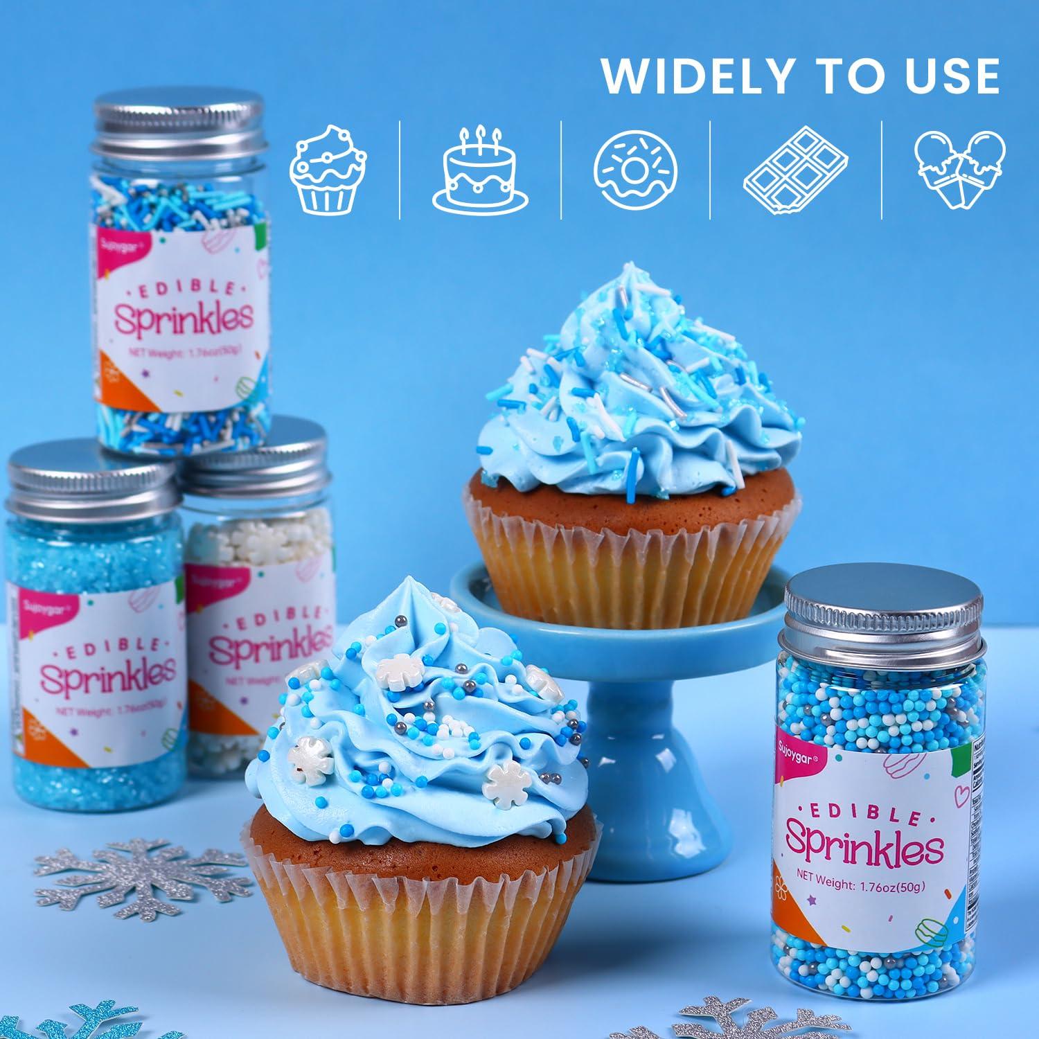 Sujoygar Blue Sprinkles for Cake Decorating, Edible Winter Sprinkles Set for Cupcake Toppers, White Snowflake Sprinkles, Blue Sugar Sanding Sprinkles for Baking Cookies Dounts Christmas decoration(7.04 Oz)