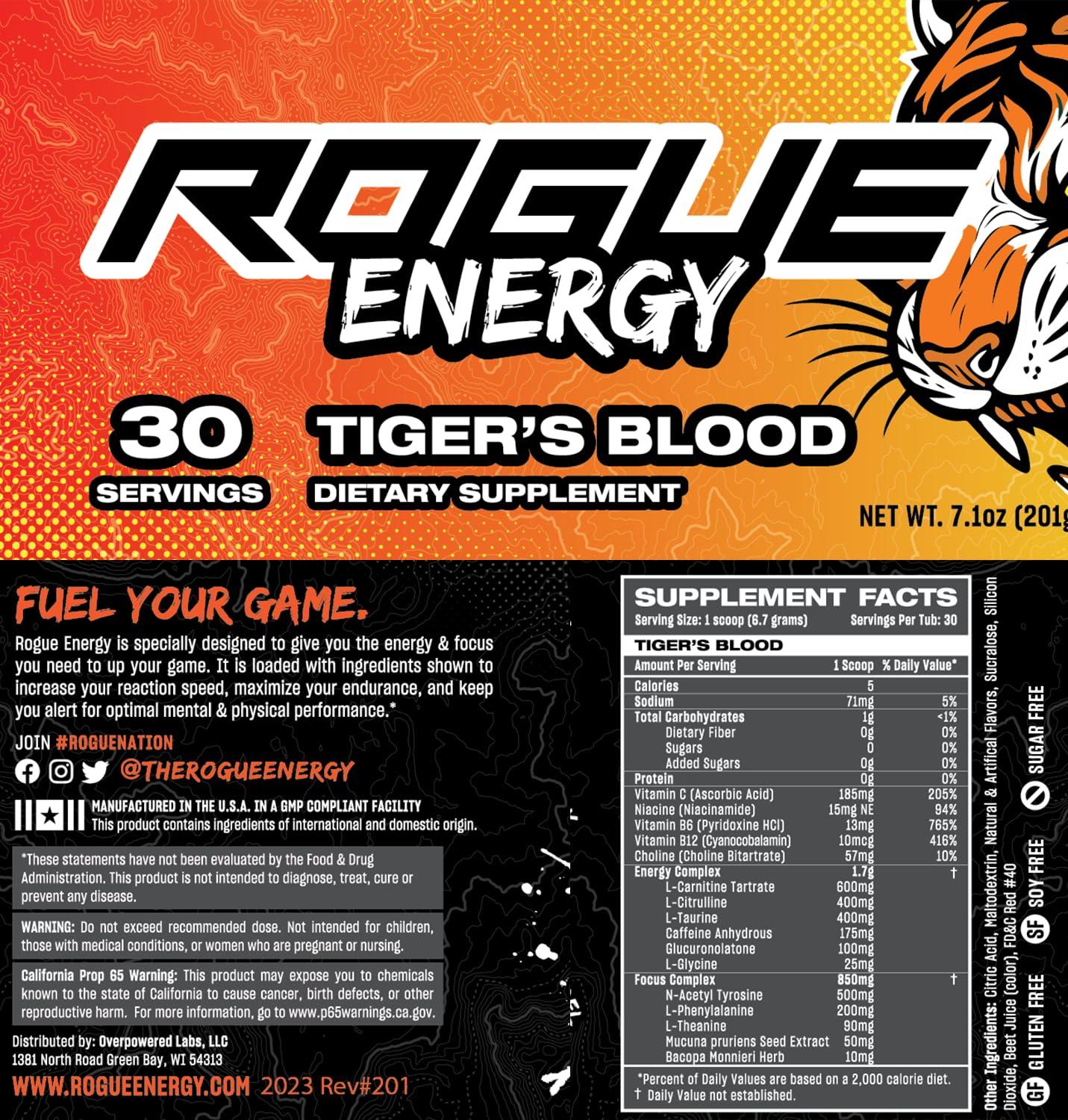 Rogue Energy Rogue Energy Drink Powder for Long Gaming Hours - Energy Powder for Mental Focus - Sugar and Gluten Free - Gaming Supplement with Caffeine and Vitamins - Made in USA (Tigers Blood Tub - 30 Servings)