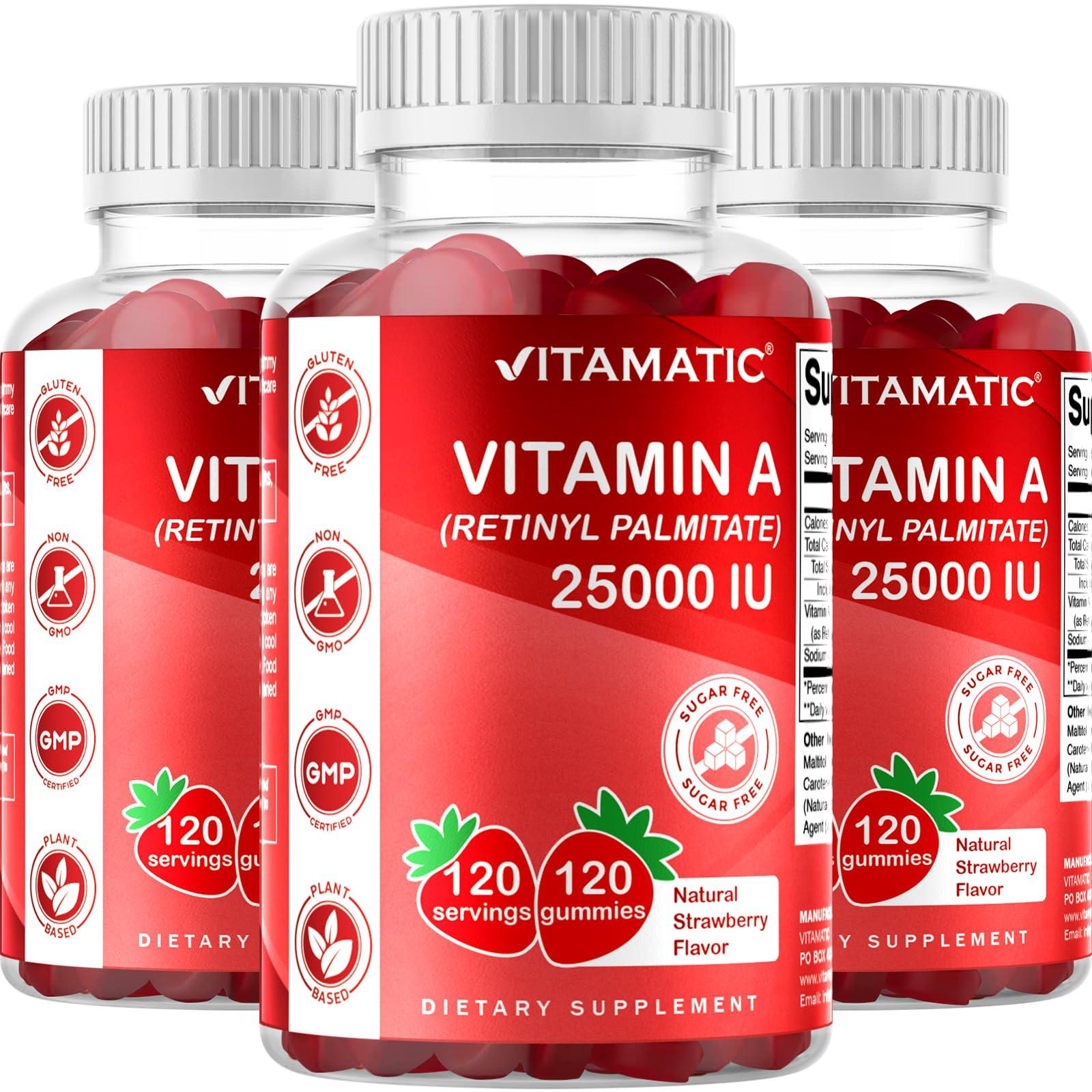 Vitamatic Vitamatic Sugar Free Vitamin A 25000 IU Gummies (Retinyl Palmitate) - Natural Strawberry Flavor - 120 Pectin Based Gummies (1 Bottle)