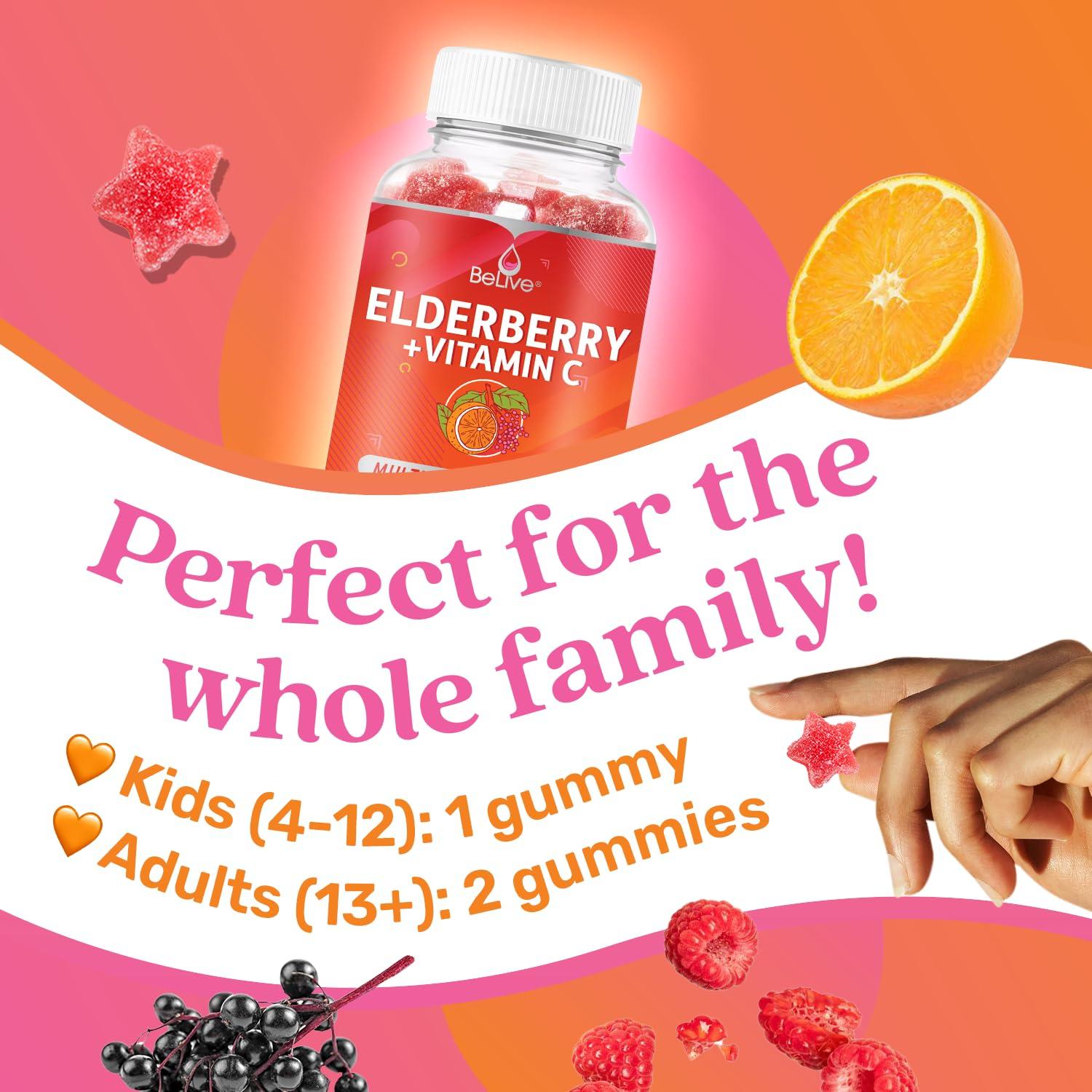 BeLive BeLive Elderberry Gummies with Zinc and Vitamin C - Immune Support Supplement with Vitamin D, A, E, B12 - Gummies for Healthy Bones & Teeth, Vegan, Keto & Non-GMO - Raspberry Flavor | 3-Pack