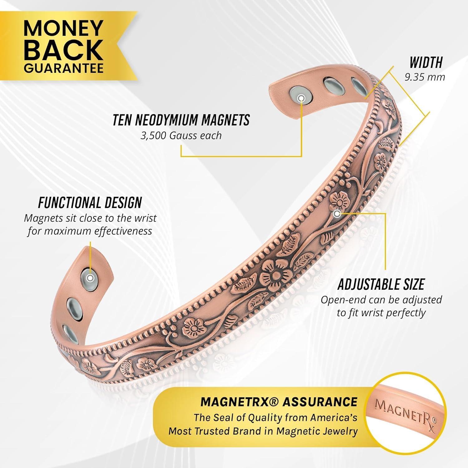 MagnetRX MagnetRX Women\'s Copper Bracelet Effective 99.9% Pure Copper Magnetic Bracelets for Women Adjustable Womens Copper Cuff Bracelet Bangle (Floral Style)