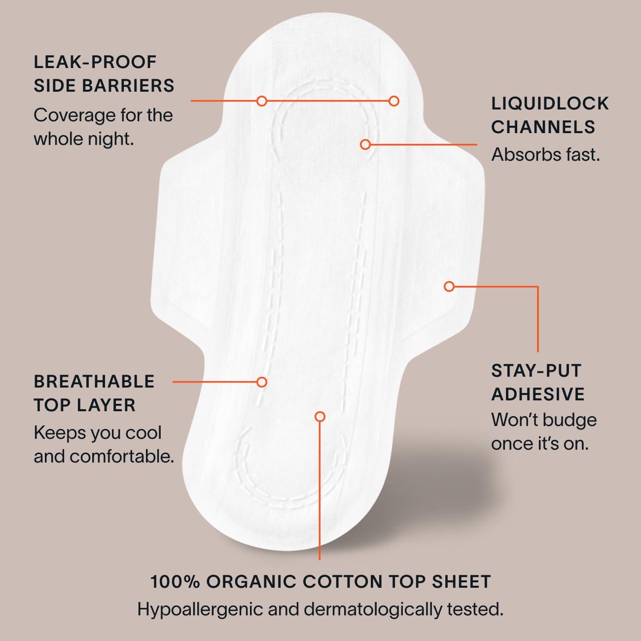 Cora Cora 100% Organic Cotton Topsheet Maxi Pads | Maxi Period Pads with Wings | Maxi Overnight Absorbency | Unscented, Comfortable, Powerfully Absorbent, Leak Protection (24 Count)