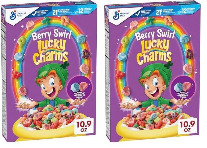 Lucky Charms Lucky Charms Berry Swirl Breakfast Cereal with Marshmallows, Kids Breakfast Cereal, Made with Whole Grain, 10.9 oz (Pack of 2)