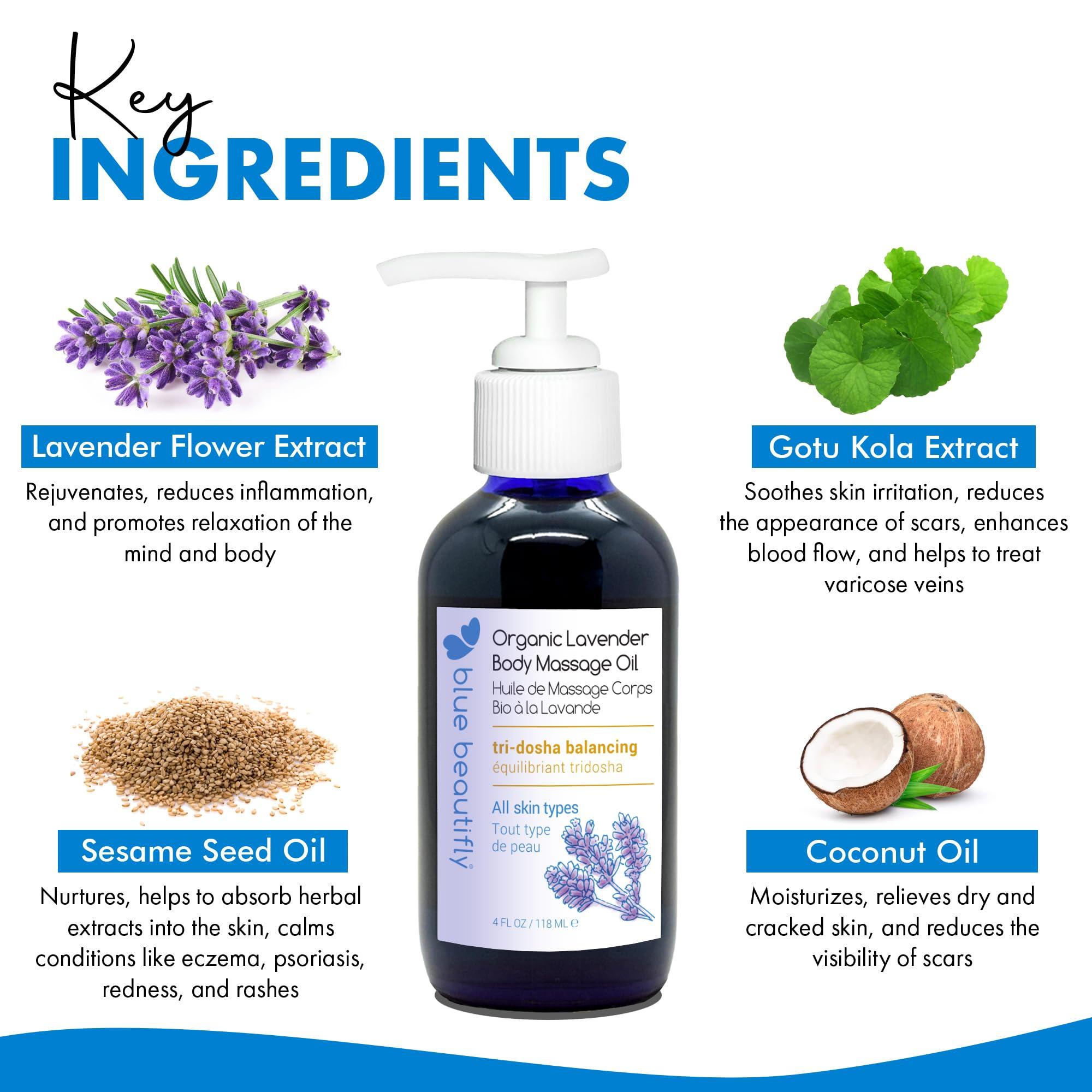 Blue Beautifly Blue Beautifly USDA Certified Organic Lavender-Infused Body Oil For Women and Men | Super Moisturizing for Skin. Super Calming for Mind. | Harmonizes Doshas with Ayurvedic Botanical Extracts | 4 fl oz