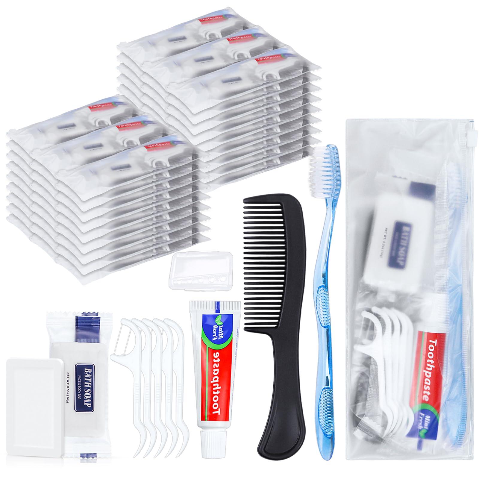 HQSLsund HQSLsund 25 Sets Personal Hygiene Kit, Disposable Toothbrushes with Toothpaste Floss Comb Soap and Cover, Toiletry Kits Homeless Bulk for Women,Men,Travel