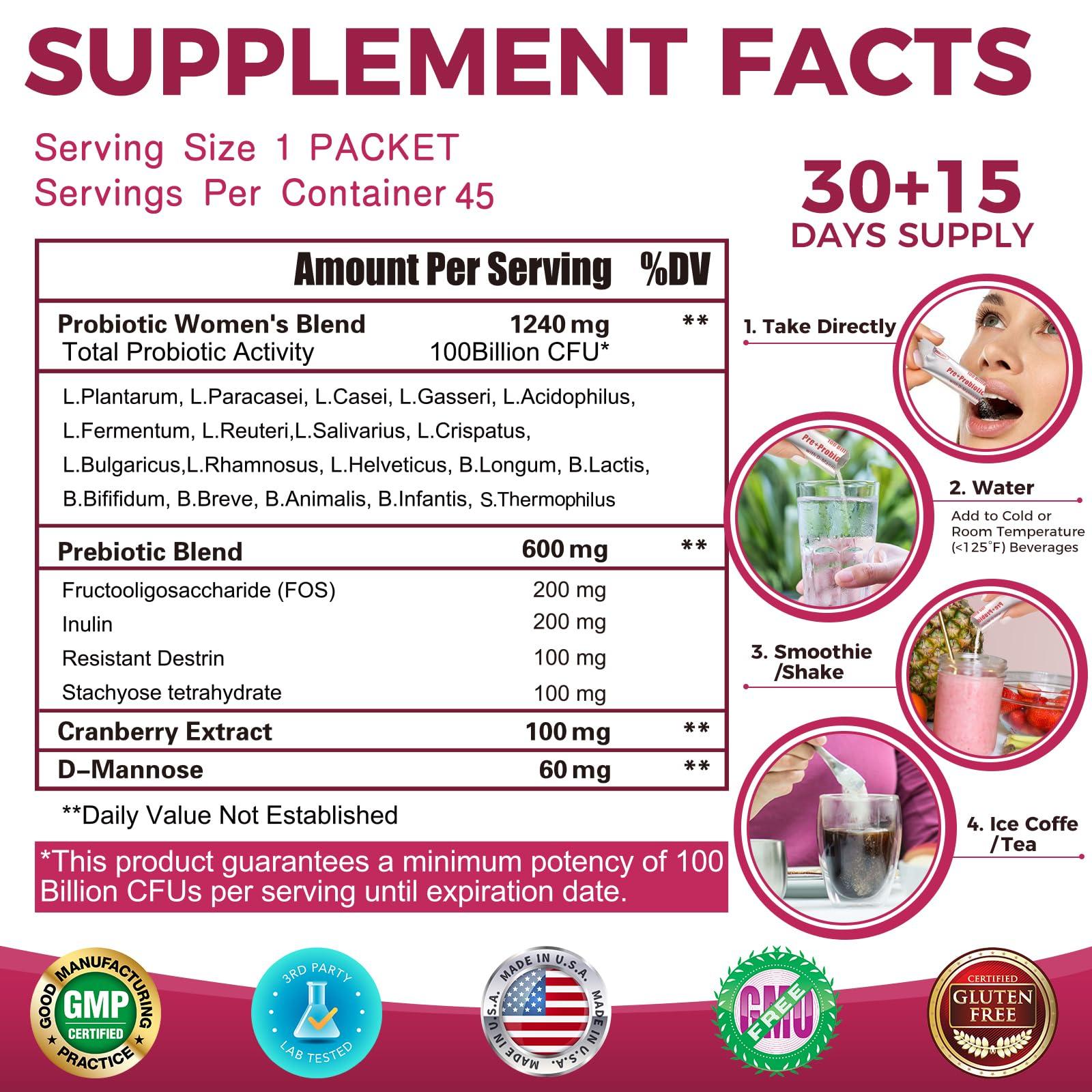 ZEBORA ZEBORA Probiotics-for-Women 100-Billion-CFUs with Prebiotics, D-Mannose & Cranberry for Digestive, Immune, Feminine UT Health Support, Ultimate Probiotic Women's Care, Soy & Gluten Free, 45 Packets