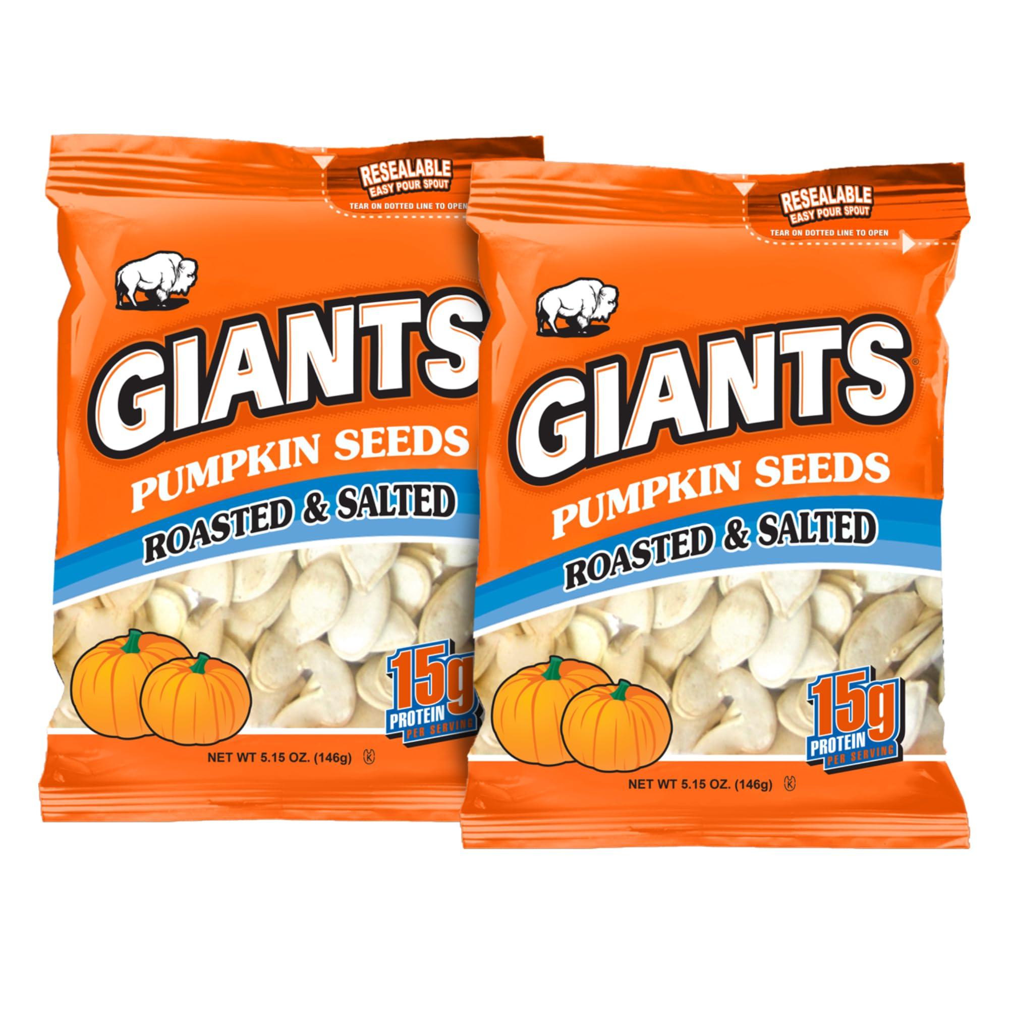 GIANTS SUNFLOWER SEEDS GIANTS Pumpkin Seeds - Pumpkin Seeds in Shell, Pumpkin Seeds to Eat, Roasted and Salted, Whole Pumpkin Seeds with Shell, High Protein Snack with 15g Protein Per Serving - 5.15 oz (Pack of 2)