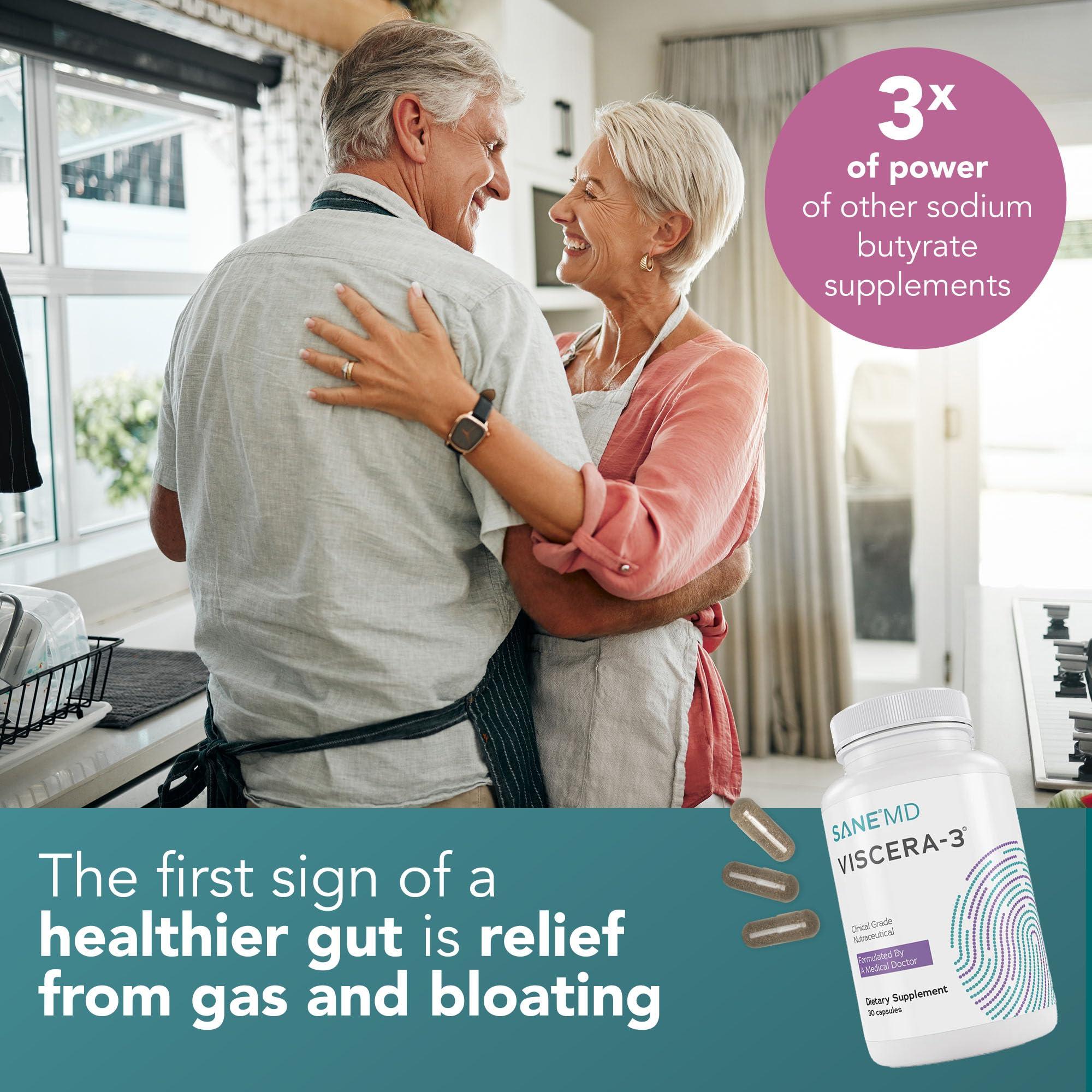 SANE SANE MD - Viscera 3 Postbiotics with Tributyrin - Sodium Butyrate Supplement for Gas and Bloating Relief - Gut Health - IBS & Leaky Gut Butyric Acid Supplement - NSF Certified - 30 Capsules