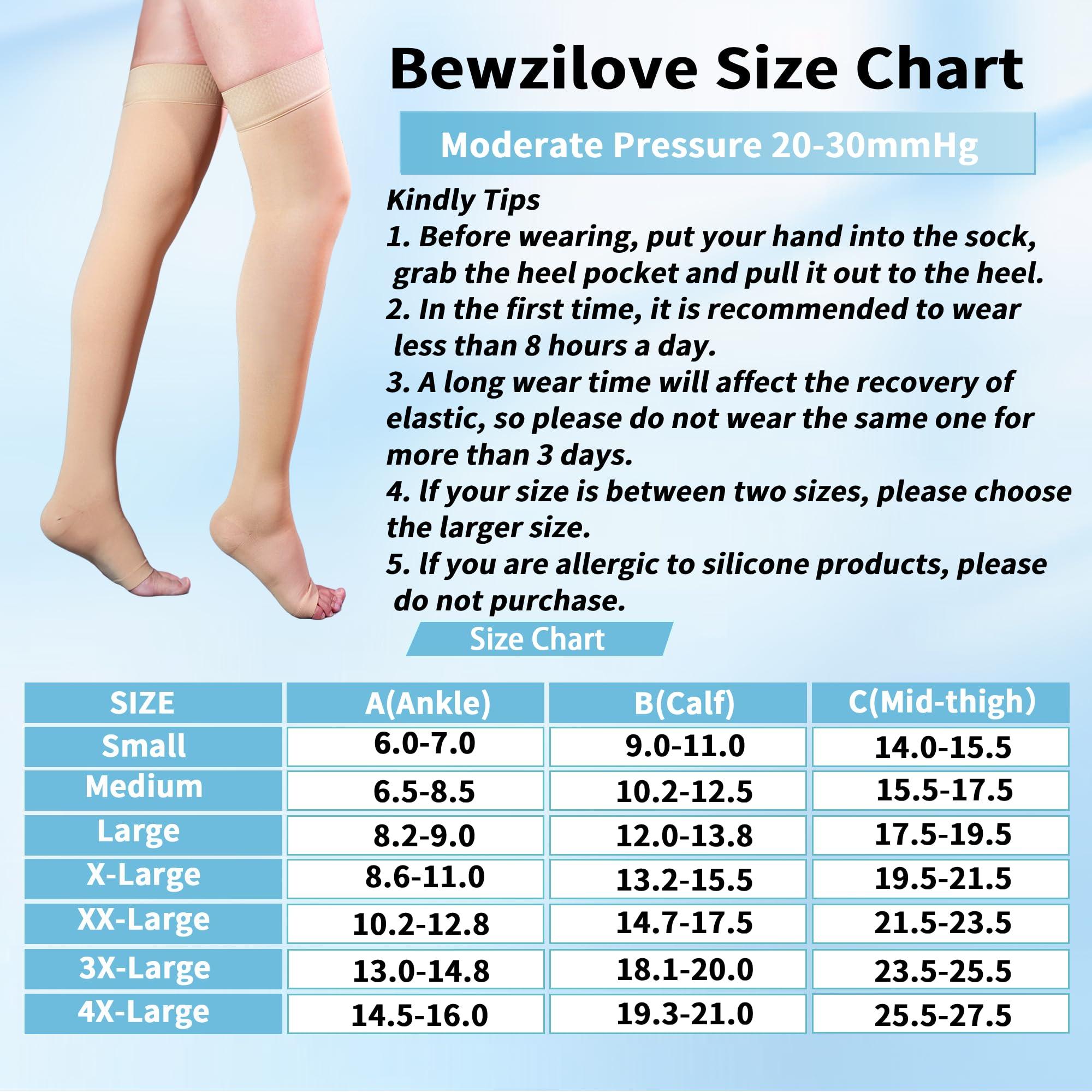Bewzilove 20-30 mmHg Compression Stockings for Women & Men, Thigh High Compression Socks Open Toe, Silicone Dot Band (Nude, Small)