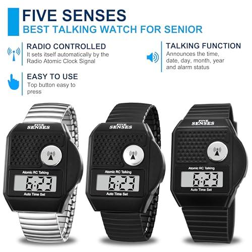 FIVE SENSES FIVE SENSES - English Atomic Talking Watch, Easy to use for Seniors Blind Men Women, Loud Talking Watch with Sound for Vision Impaired, Elderly Women, Blind People Products 1095 (Black)