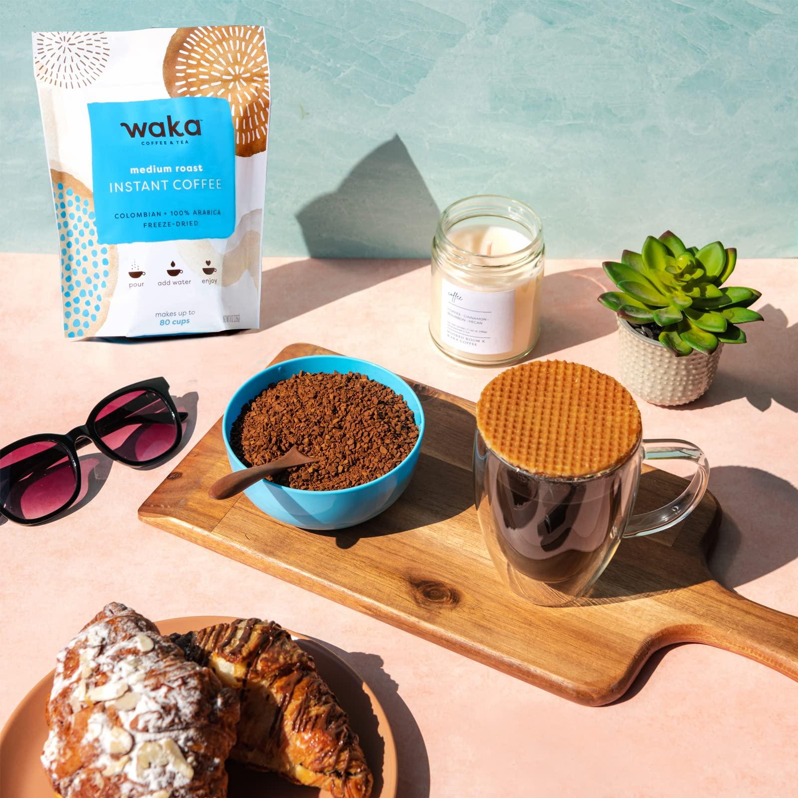 Waka Coffee Waka Quality Instant Coffee — Colombian Medium Roast 8 oz and Colombian Decaf Single Serve Box — 100% Arabica Freeze Dried Beans — No Sugar Added & Unsweetened