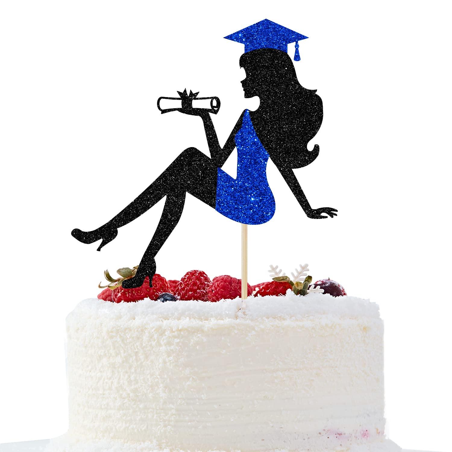ALBESSULI Graduation Cake Topper 2023, Graduation Girl Cake Topper, Congrats Grad Girl Graduation Cake Decor, Girls Graduation Party Decorations, Black and Blue Glitter