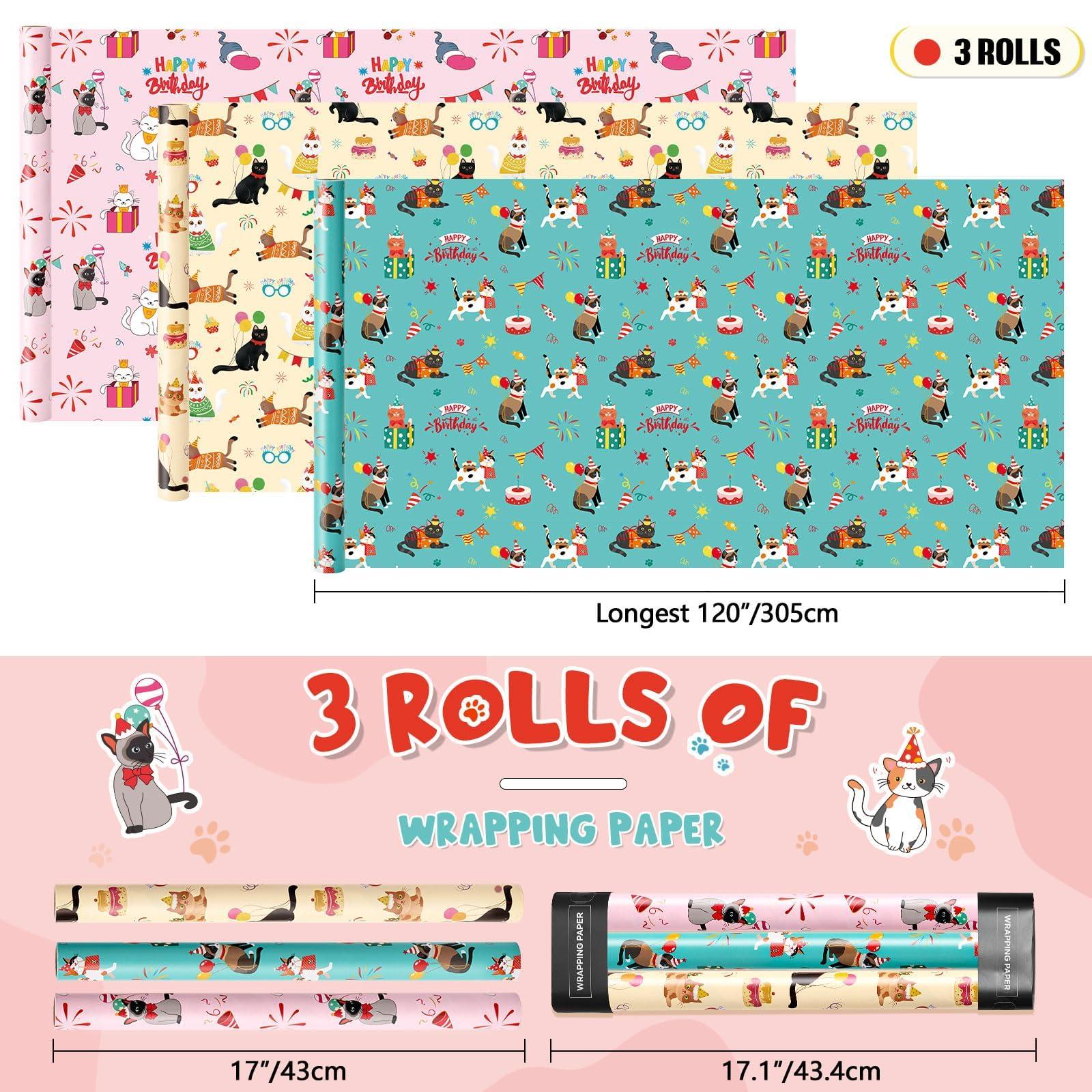 WERNNSAI WERNNSAI Cat Wrapping Paper Rolls - 3 Rolls 17 x 120 Birthday Wrapping Paper Rolls Cat Birthday Gift Wrap Paper Girls Wrapping Paper Rolls Kitten Wrapping Paper Bday Gift Wrap Paper with Cutting Lines 10ft