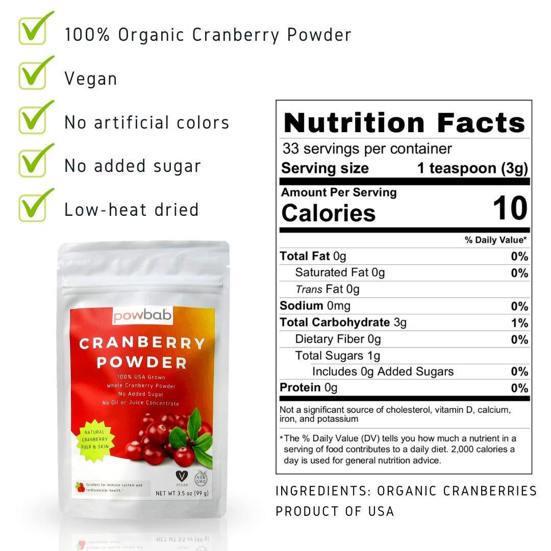 powbab powbab Cranberry Powder from 100% USA Grown Organic Dried Cranberries. No Added Sugar. Pure Fruit, Unsweetened Cranberry Supplement for Urinary Tract Health for Women. Not Freeze Dried. (3.5 Oz)