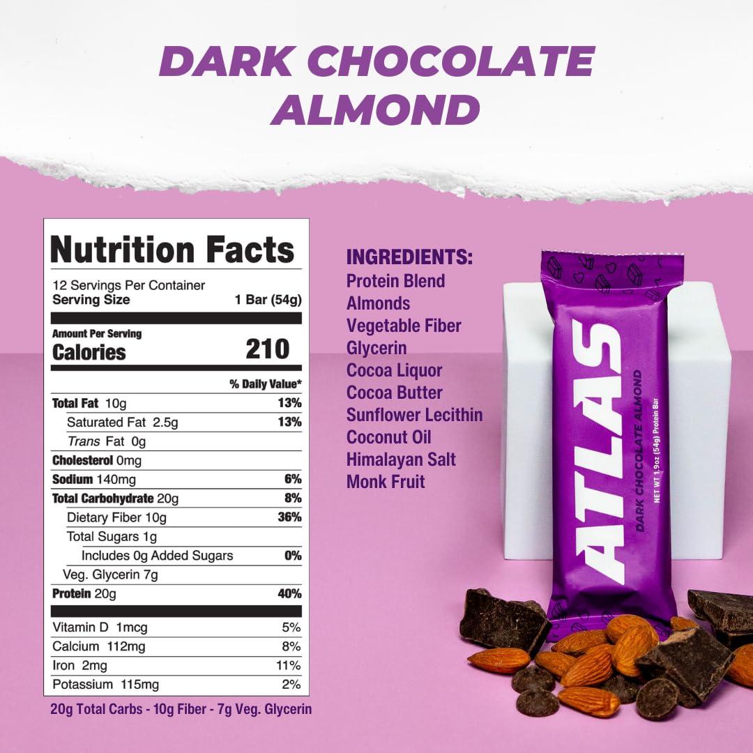 Atlas Protein Bar Atlas Protein Bar, 20g Protein, 1g Sugar, Clean Ingredients, Gluten Free (Dark Chocolate Almond, 12 Count (Pack of 2))