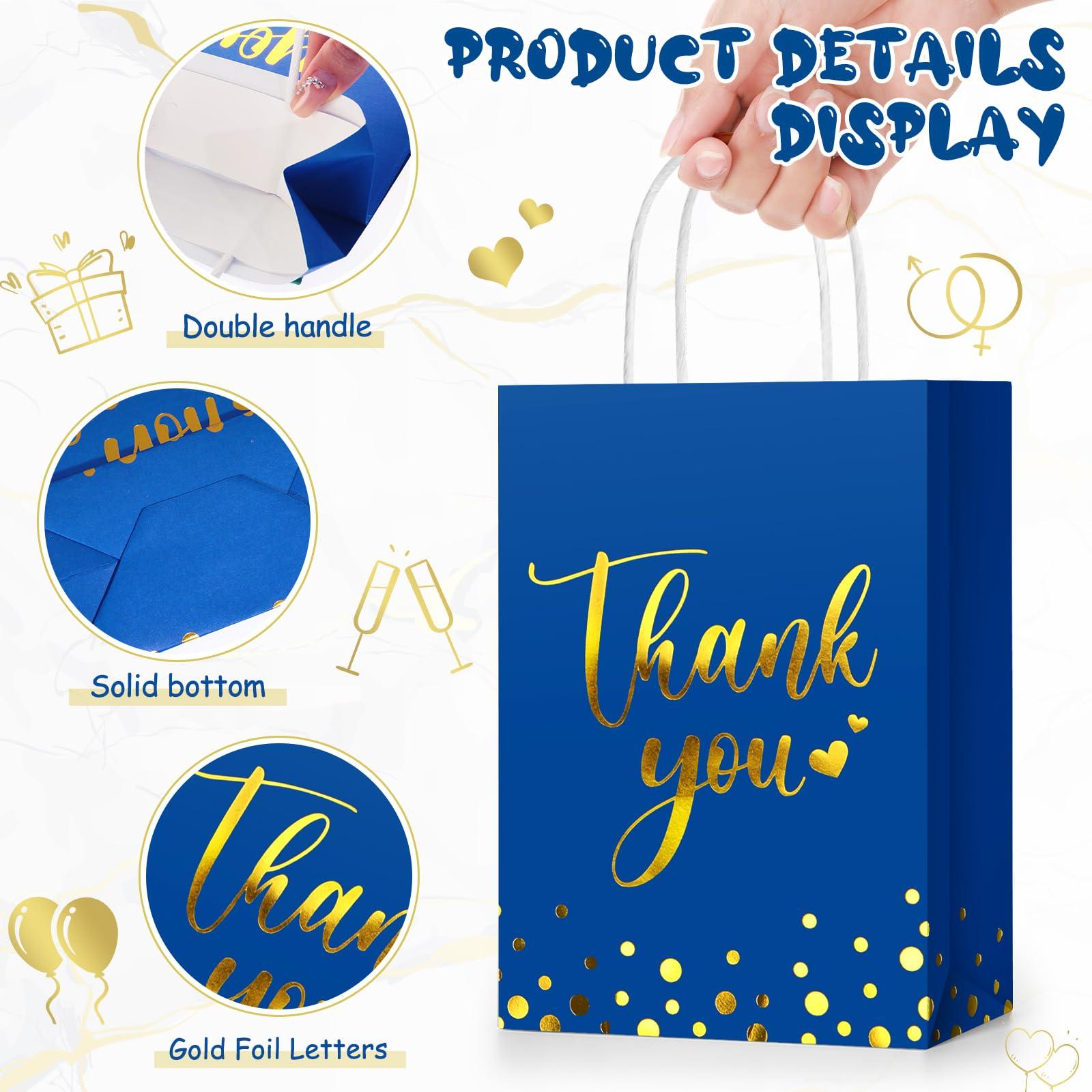 PerKoop 60 Pcs Thank You Gift Bags Bulk Paper Gold Thank You Wedding Bags with Handle for Business Shopping Wedding Baby Shower Party Favors Royal Blue