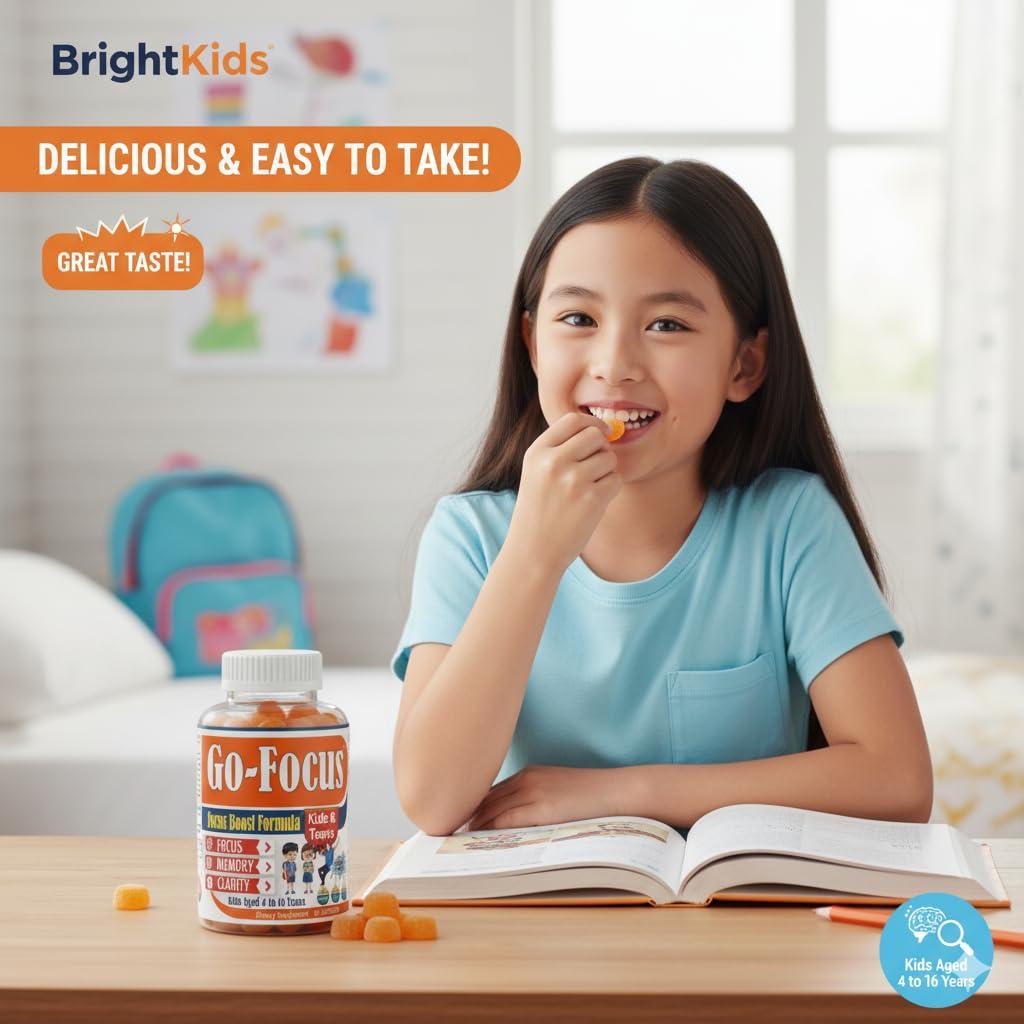 BrightKids BrightKids Brain Supplements for Memory and Focus, Omega 3 & DHA Focus Gummies for Kids, Memory Booster Focus Supplement for Kids & Teens- Low-Sugar, Natural Fruit Flavor 60 Gummies
