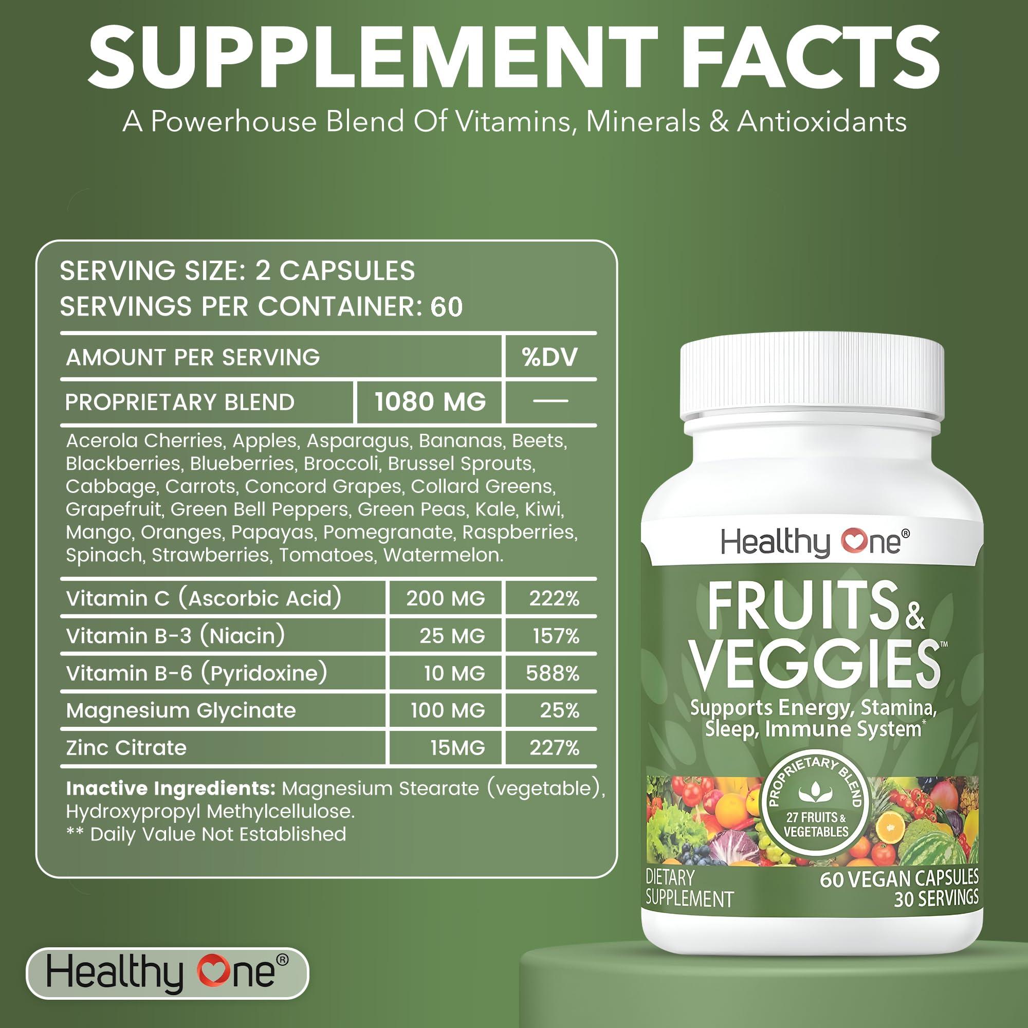 Healthy One Healthy One Fruits & Veggies - 27 Balanced Whole Foods of Nature - Vitamins - Minerals - Antioxidants - Detox - Vegetables - Kale - Broccoli - Spinach - Beets - Raspberries - Multivitamin - 120 Count