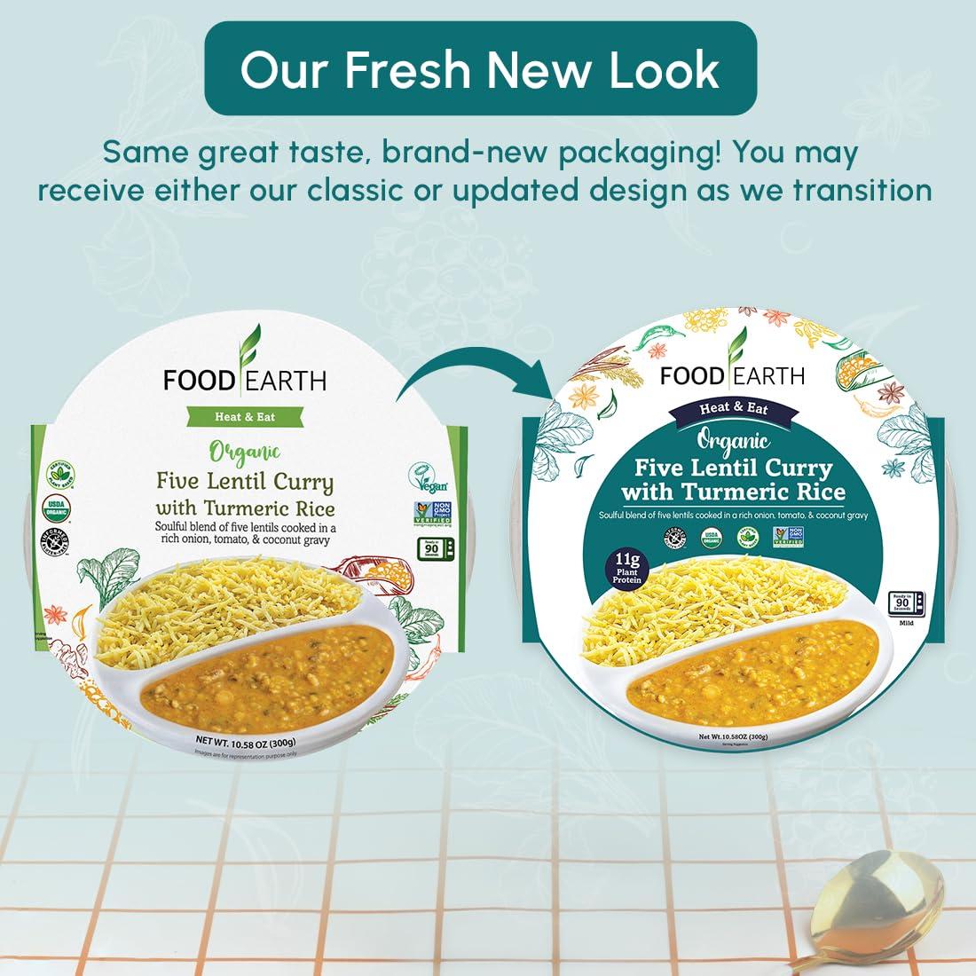 Food Earth Food Earth Ready to Eat Indian Cuisine - Five Lentil Curry with Turmeric Rice - Microwavable, Pre-packaged & Lunchable- Organic, Vegan, Gluten-Free, GMO-Free, Plant-Based - 10.58 oz each - Pack of 6