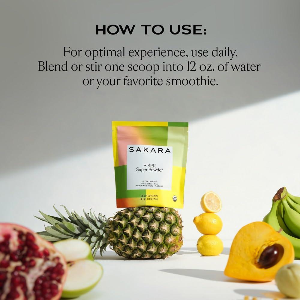 SAKARA SAKARA Fiber Super Powder - Pineapple Flavor Prebiotic Fiber Powder, High Fiber & Digestive Enzymes Organic Fiber Supplement Powder, Daily Fiber Drink, Acacia Fiber Powder