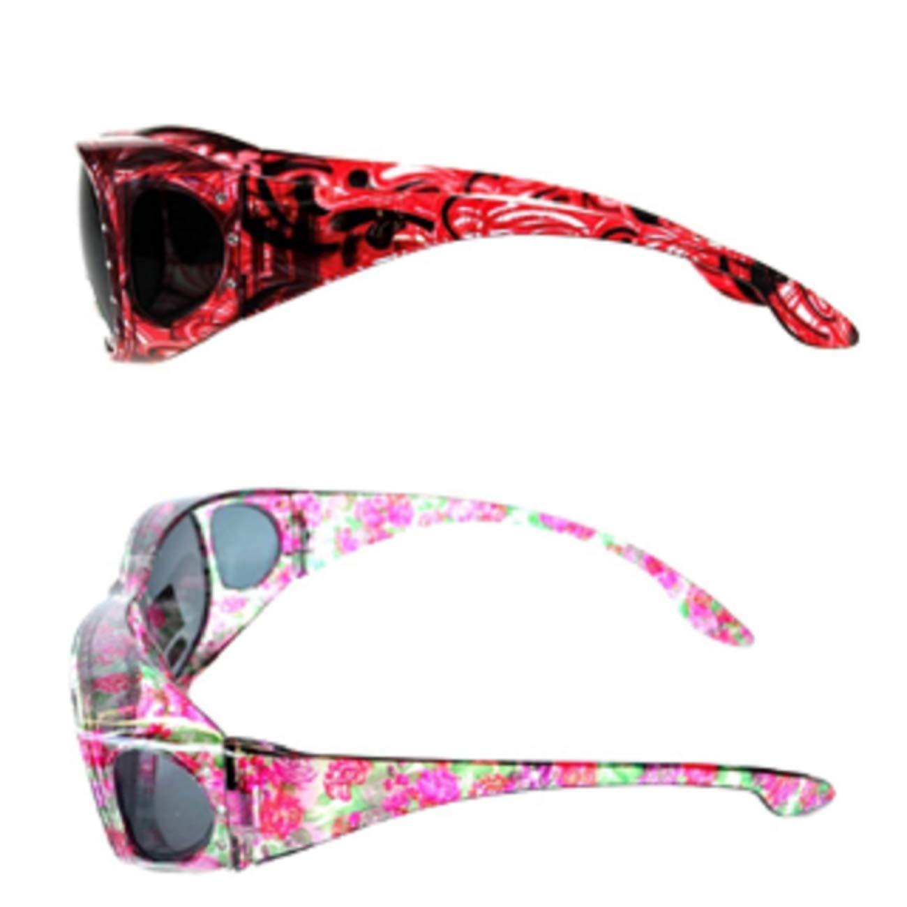 Generic 2 Pair Large Polarized Rhinestone Fit Over Reading Glasses Sunglasses Anti Glare Oval Rectangular (Light Red/Floral)