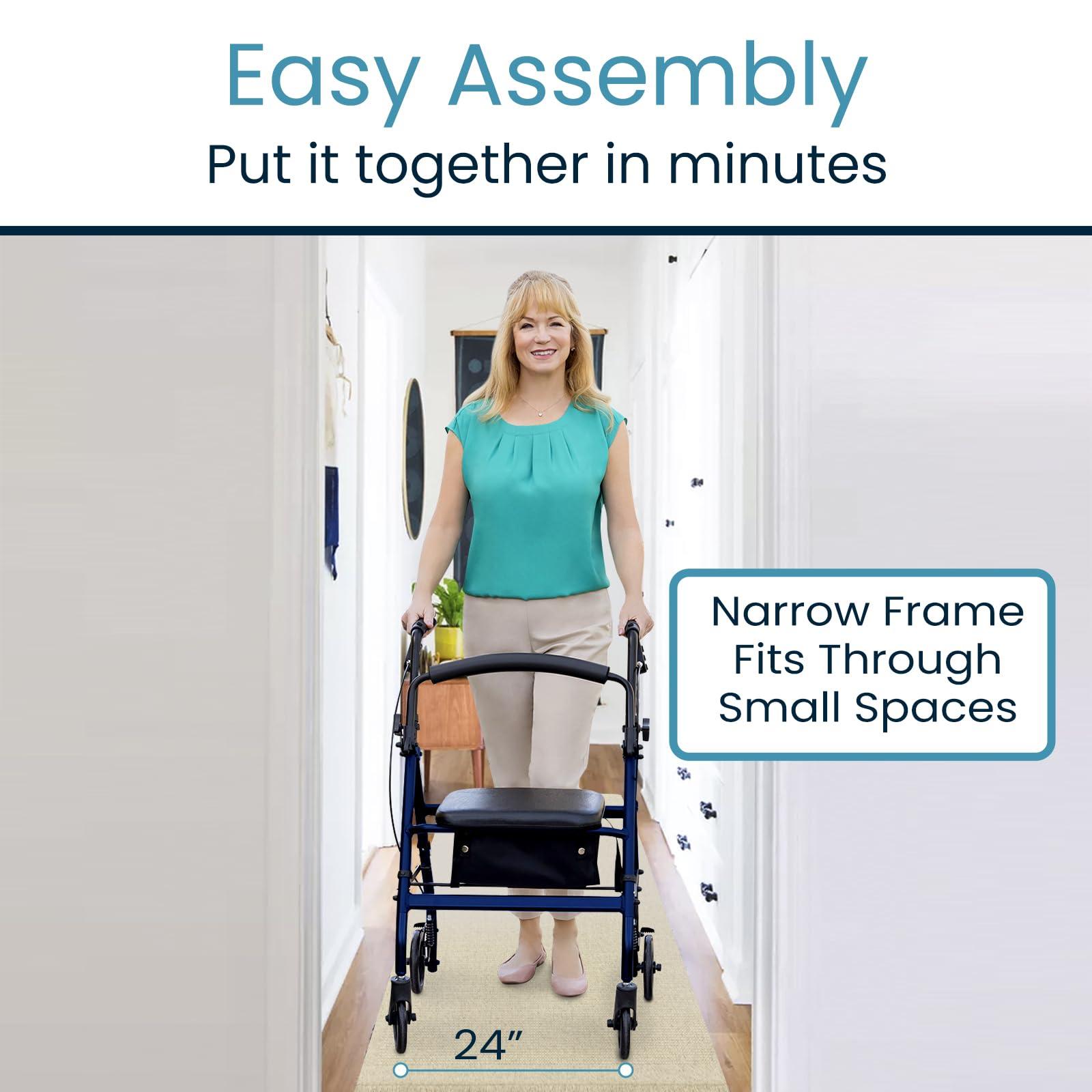 Vive Mobility Vive Mobility Ultra Lightweight Rollator Walker with Seat - Foldable, Narrow, Rolling Senior Walker for Small Spaces - 4 Wheel Aluminum Adult Easy Drive Walker with Underseat Accessory