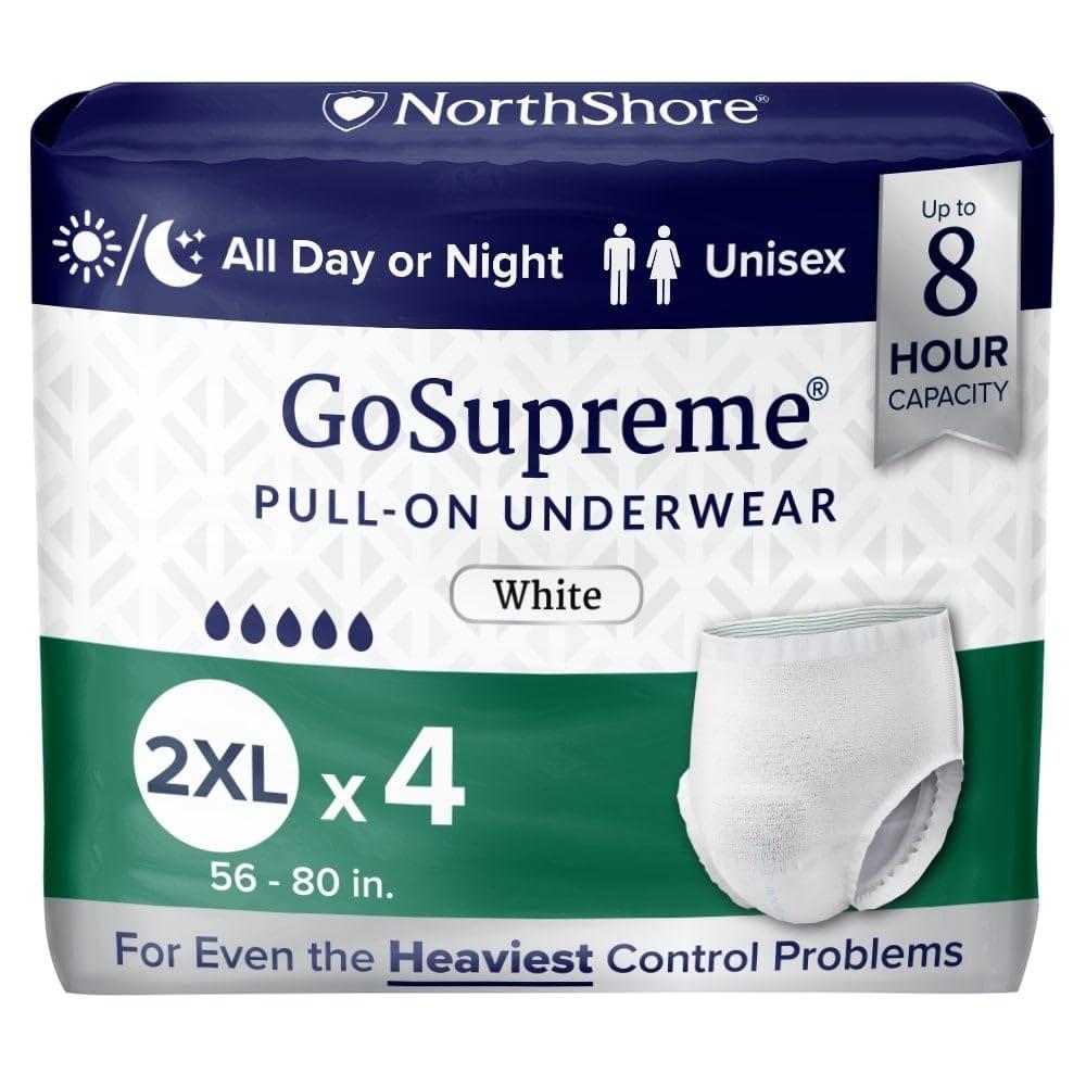 NorthShore NorthShore GoSupreme Overnight Incontinence Underwear, 8-Hour Pullup Style, 2X-Large, 4 Count Trial, White, 56-80 inches, Unisex Adult Diapers