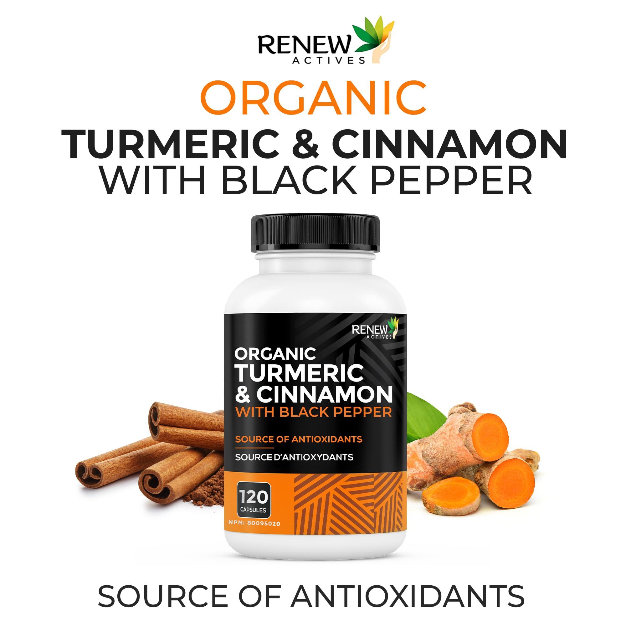 Renew Actives Renew Actives Organic Turmeric & Cinnamon Capsules - with Curcumin & BioPerine Black Pepper for Enhanced Absorption - Promotes Metabolism, Joint Health & Digestion - 120 Capsules