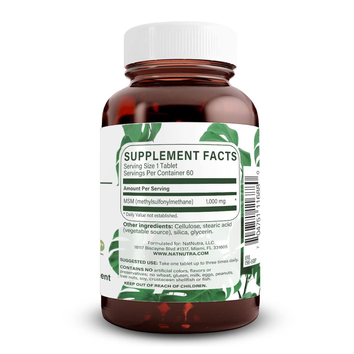 Natural Nutra Natural Nutra OptiMSM, MSM Supplement with Sulfur, Prevent Thinning Hair, Increase Joint Flexibility and Bone Health, Cartilage Health, Helps Supports Fluid Balance, 1000 mg, (120) Vegan Tablets