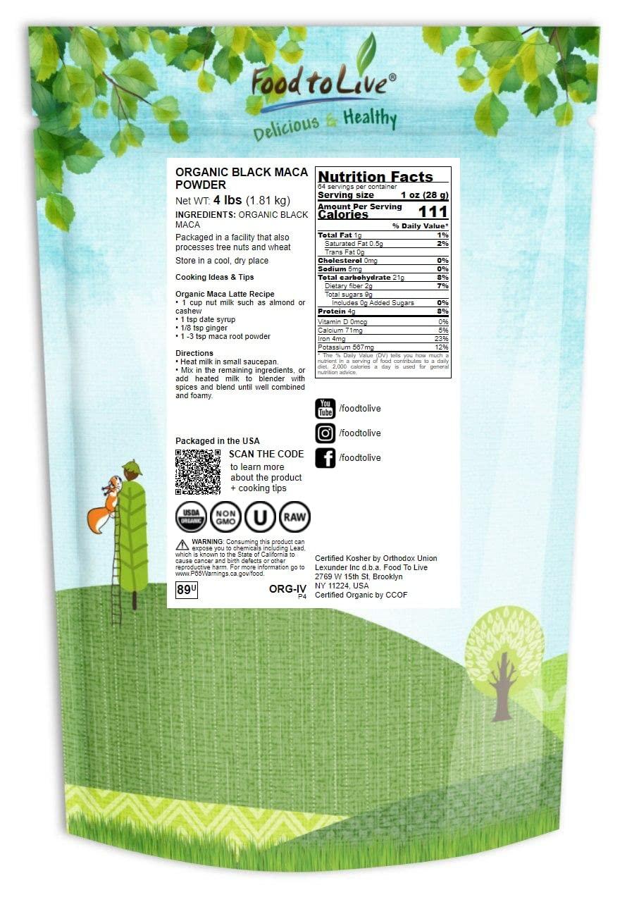 Food to Live Food to Live Organic Black Maca Powder, 4 Pounds Raw Ground, Non-GMO, Kosher, Fine Flour, Bulk