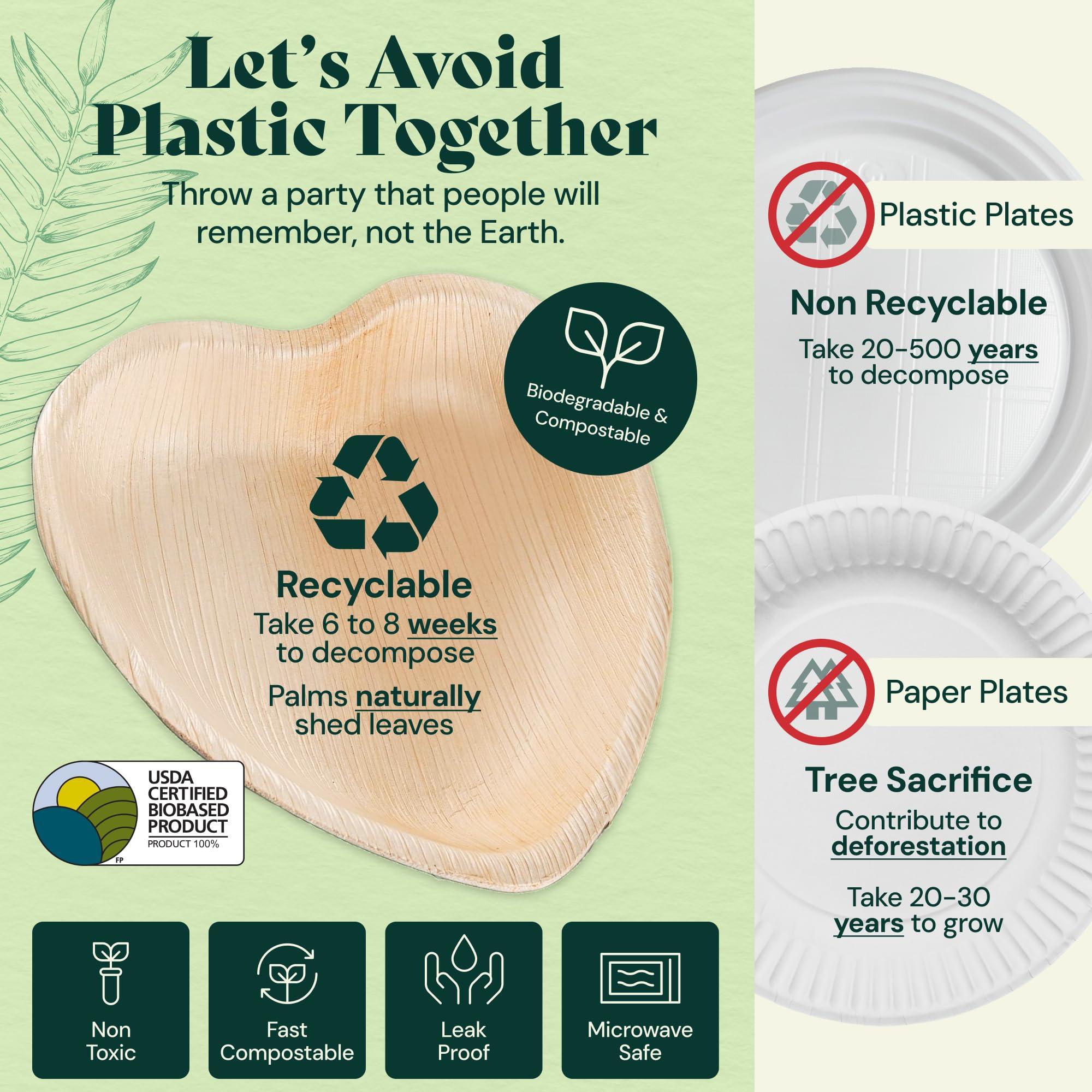 Chic Leaf Chic Leaf Palm Leaf Bowls Disposable Bamboo Heart Shaped Bowls 6.5 Inch Heart Dish (50 Heart Bowls) - Compostable Heart Shaped Plates - Cute Plates For Catering, Charcuterie, Parties