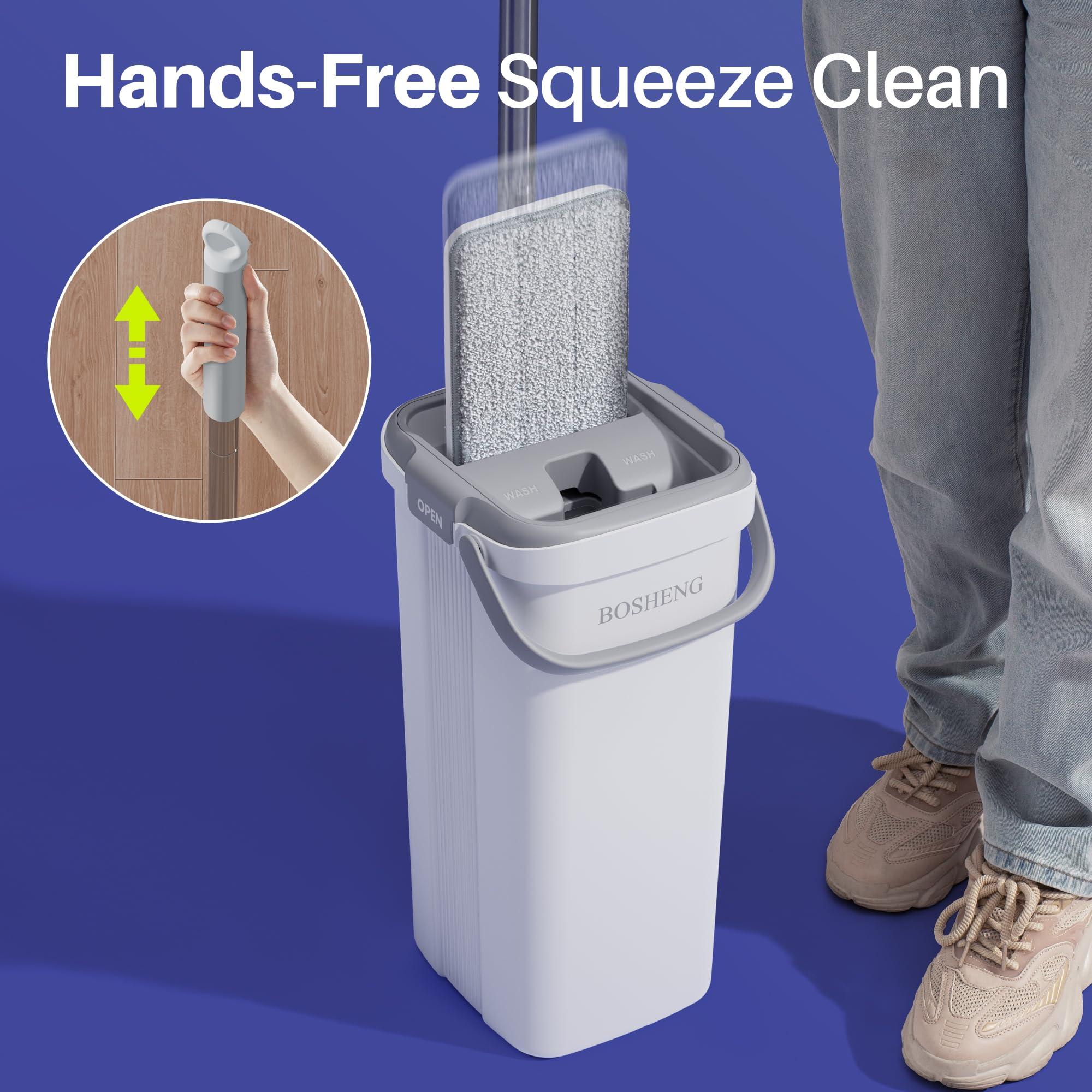 BOSHENG BOSHENG Mop and Bucket with Wringer Set, Easy-to-Use Flat Floor Mop for Efficient Home Cleaning, Includes 2 Reusable Microfiber Pads, Ideal for Floors and Walls