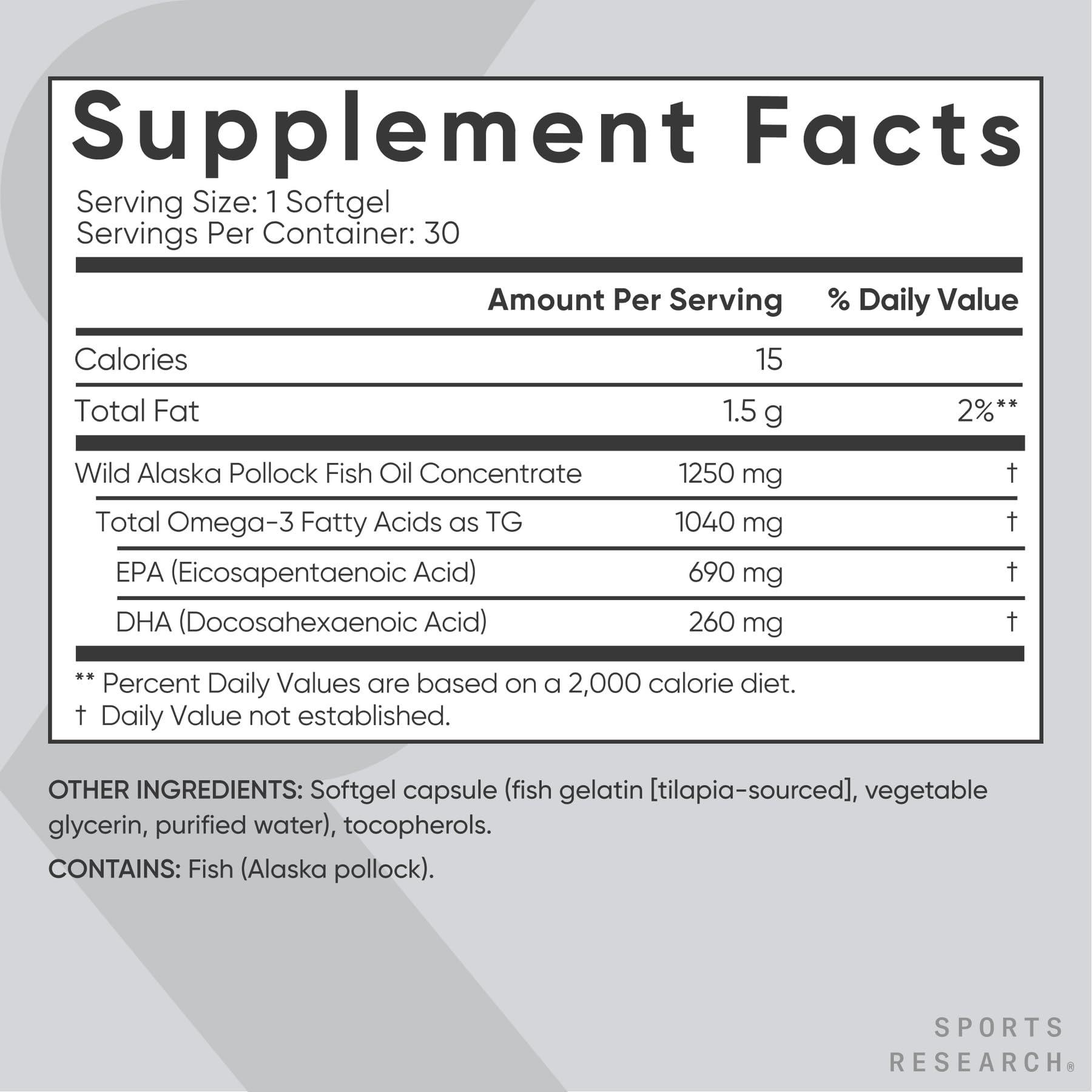 Sports Research Sports Research Triple Strength Omega 3 Fish Oil Supplement - EPA & DHA Fatty Acids from Wild Alaskan Pollock - Heart, Brain & Immune Support for Adults, Men & Women - 1250 mg Capsules (30 ct)
