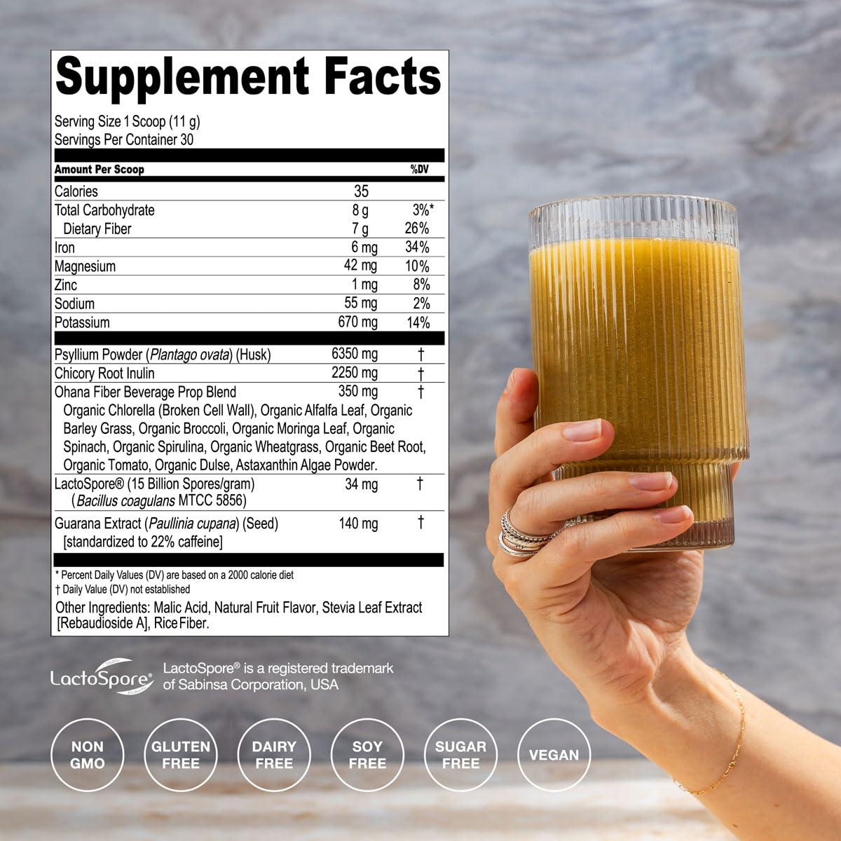 Hona Fiber + Greens Hona Fiber + Greens, Gut & Superfood Blend, Greens Powder with Prebiotics, Probiotics, Fiber & Natural Caffeine, Gluten Free, Sugar Free, Dairy Free, Vegan, Non GMO Greens Superfood Powder, 30 Srvgs