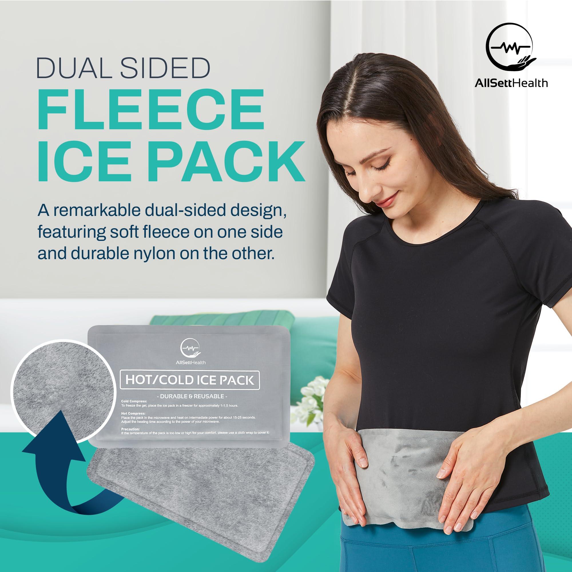 AllSett Health 2 Pack Reusable Ice Packs for Injuries - Soft Ice Pack with Velvet Soft Fleece Fabric | Flexible Hot and Cold Gel Ice Pack Set- Cold Packs for Injuries, Knee, Back, Neck Pain - 10 x 6, Grey