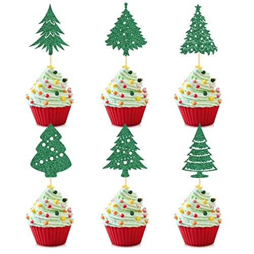 Hengmerry 36 Pieces Christmas Tree Cupcake Toppers Glitter Santa Tree Cake Topper Picks for Xmas Holiday New Year Birthday Party Decorations, 6 Designs