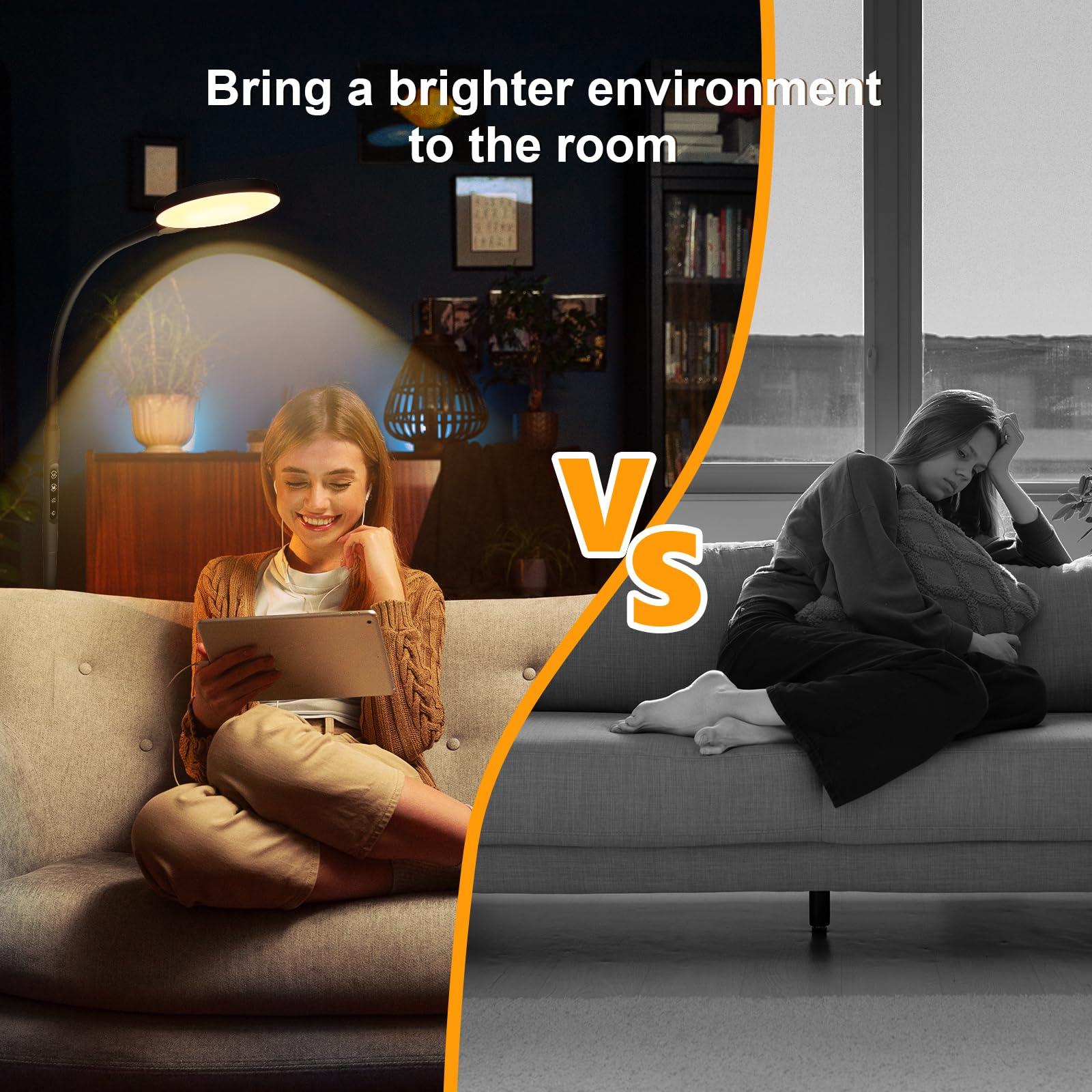 Aulaidik Light Therapy Lamp, 3 in 1 Happy Therapy Floor Lighting, 11000 Lux Full Spectrum Therapy Lamps, UV-Free LED Sunlight, 10 Brightness/5 Color/Gooseneck/Height Adjustable With Remote Timer Control, Black