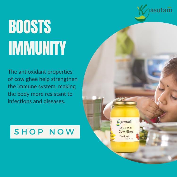 Kasutam Kasutam A2 Desi Cow Bilona Ghee Made By Traditional Vedic Bilona Method Made In Earthen Pot & Hand Churned Free Grazing Grass Fed Cow Ghee Immunity Booster Glass Jar- 1000 Ml