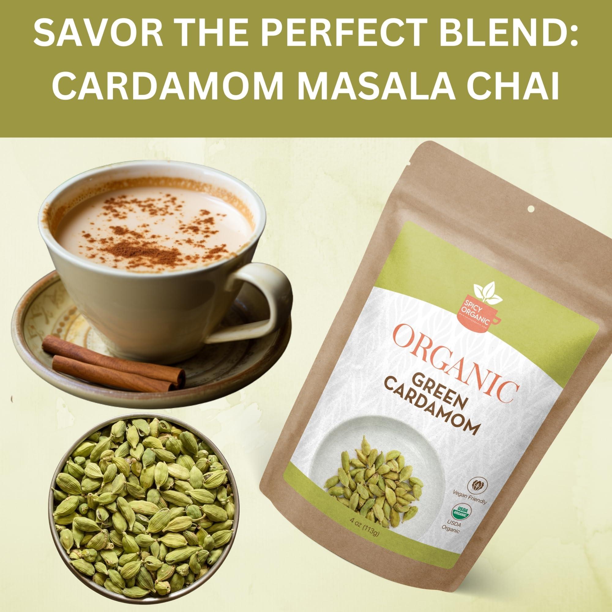 SPICY ORGANIC SPICY ORGANIC Jumbo Size Green Cardamom Pods - 4 oz - 100% Pure USDA Organic - Non-GMO, Gluten-Free - Comes in a Resealable Pack - Freshly Harvested - 90 Servings Per Container