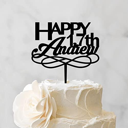 YJHLBHDIAN Happy 17th Cake Topper Black Acrylic Happy Birthday Party Decorations Cake Toppers Custom Birthday Cake Topper Decorations for Men Women Happy Birthday Gift to Children Adults Women Cake Toppers
