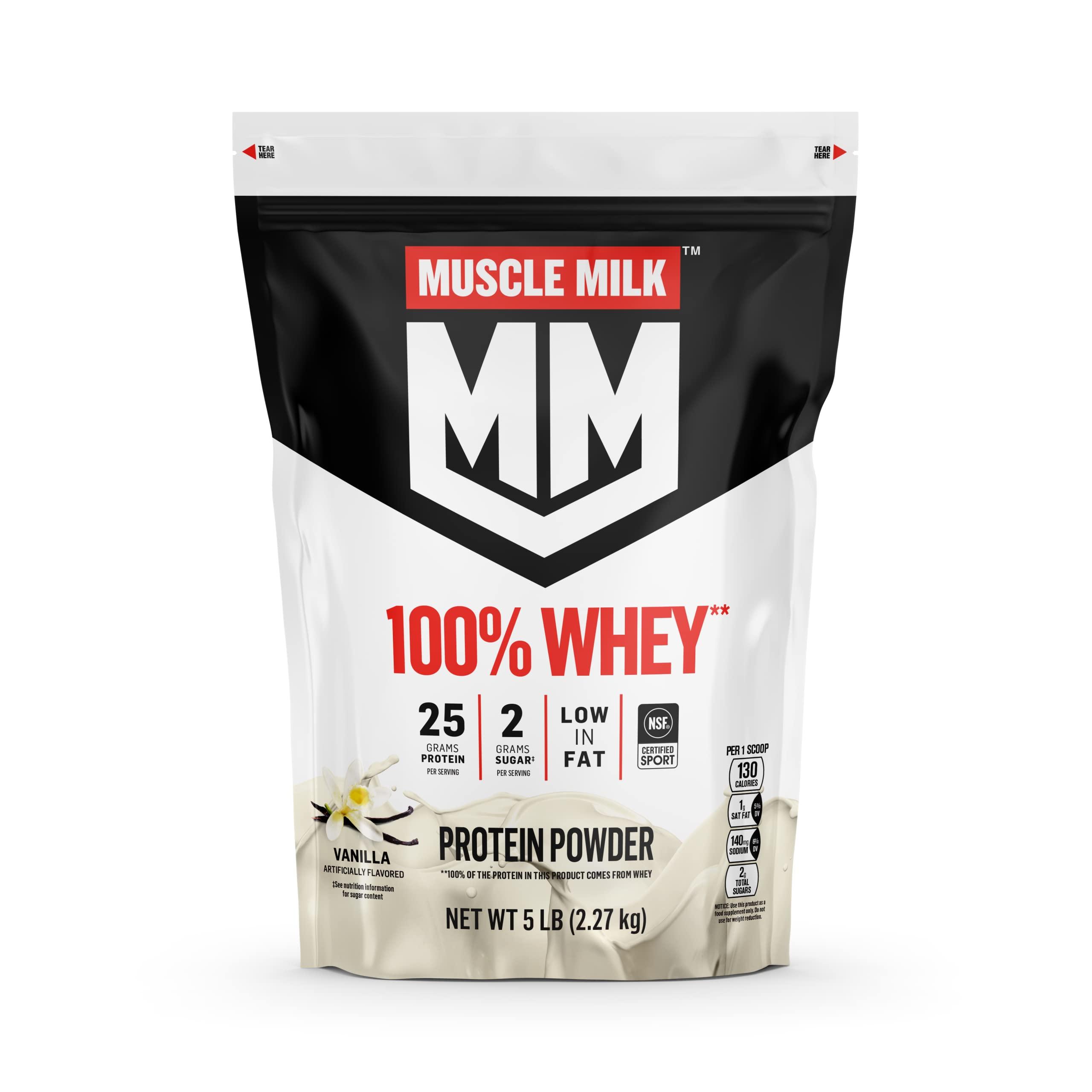 Muscle Milk Muscle Milk 100% Whey Protein Powder, Vanilla, 5 Pound, 66 Servings, 25g Protein, 2g Sugar, Low in Fat, NSF Certified for Sport, Energizing Snack, Workout Recovery, Packaging May Vary