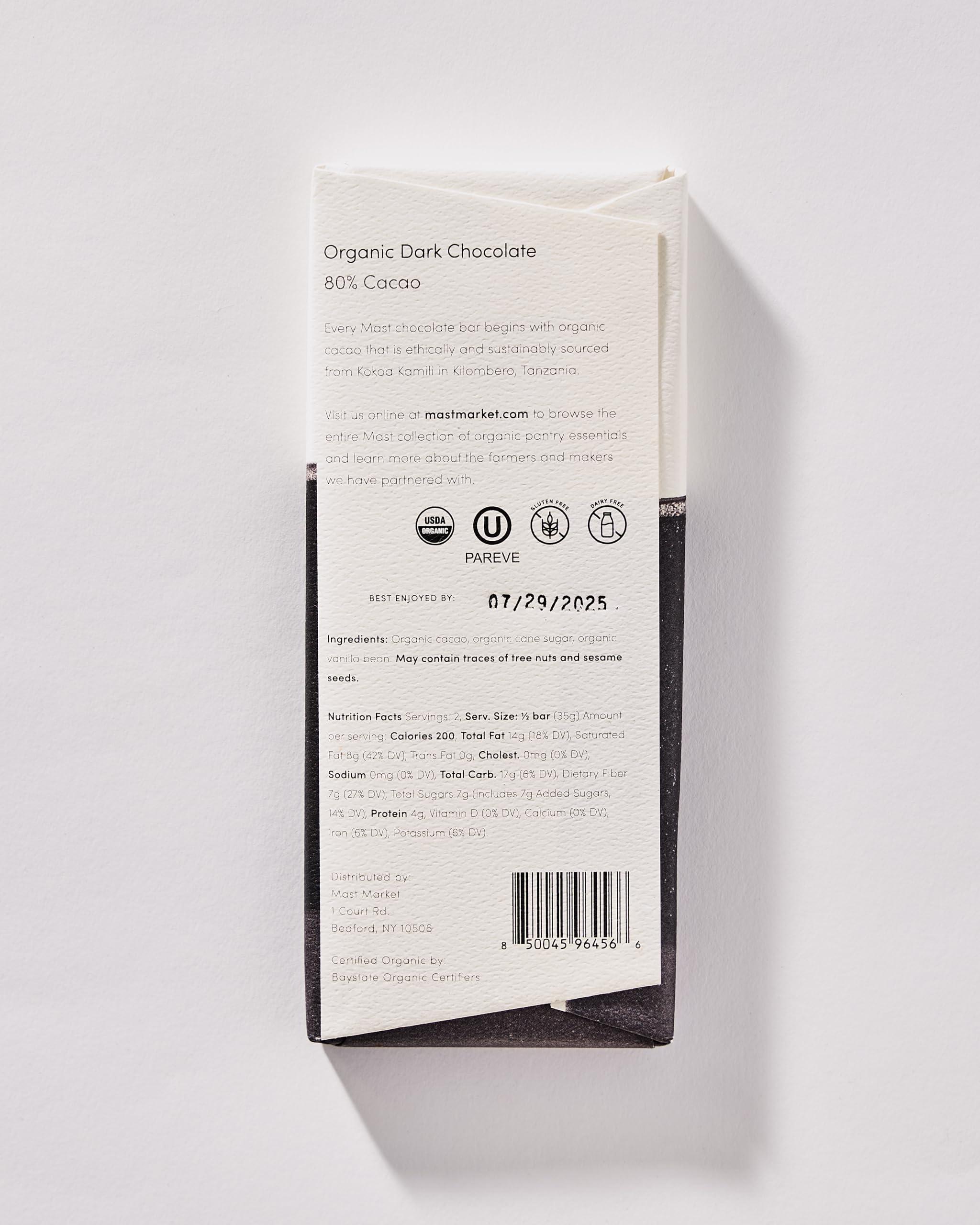 MAST Mast Chocolate Bars | 6 pack | Organic, Kosher | Classic 2.5oz each (6 Bars, Organic Dark Chocolate 80% Cacao)